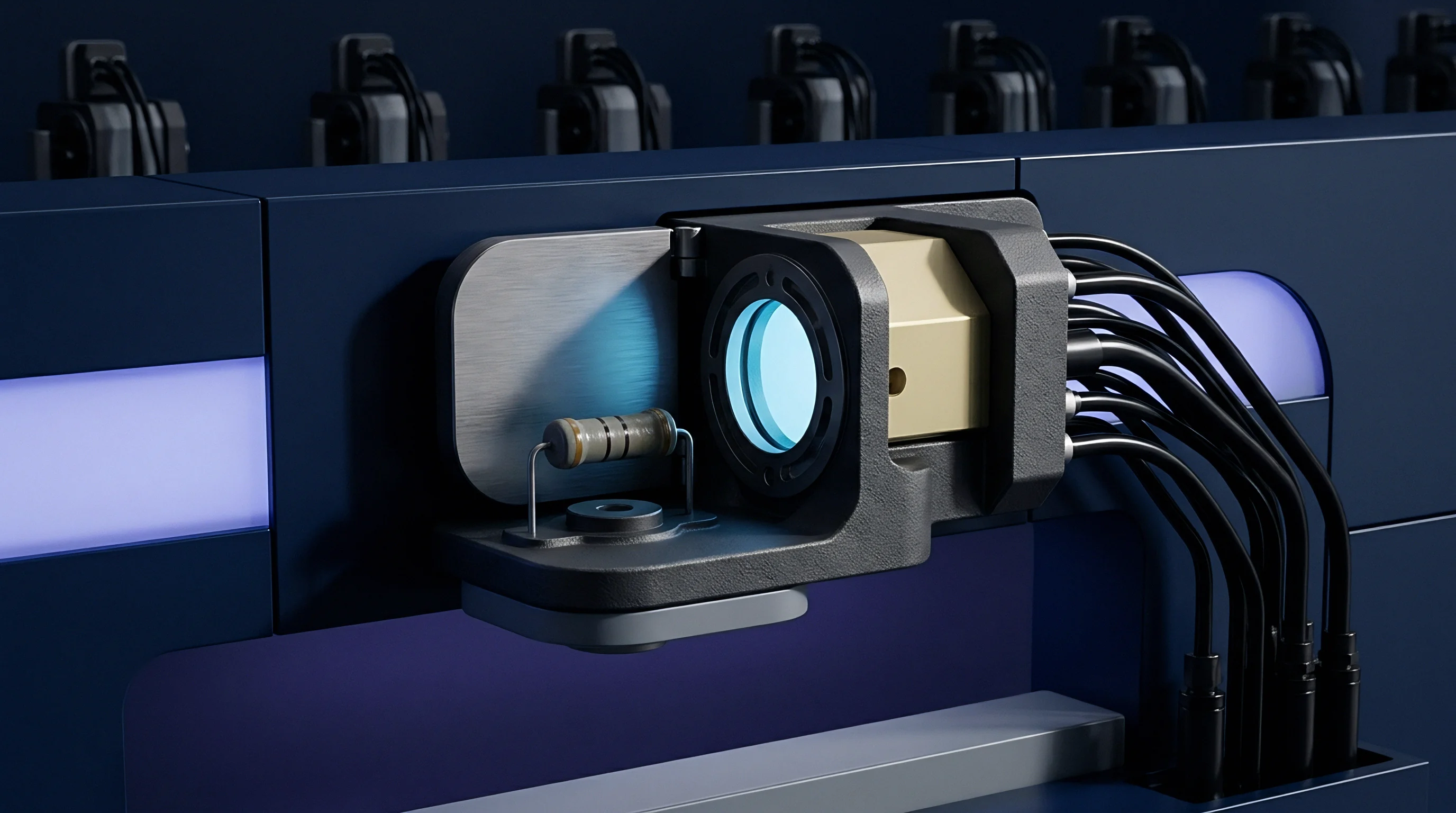 A 3D render illustrates an industrial sensor module with an integrated optical lens assessing a cylindrical resistor on a production mount.