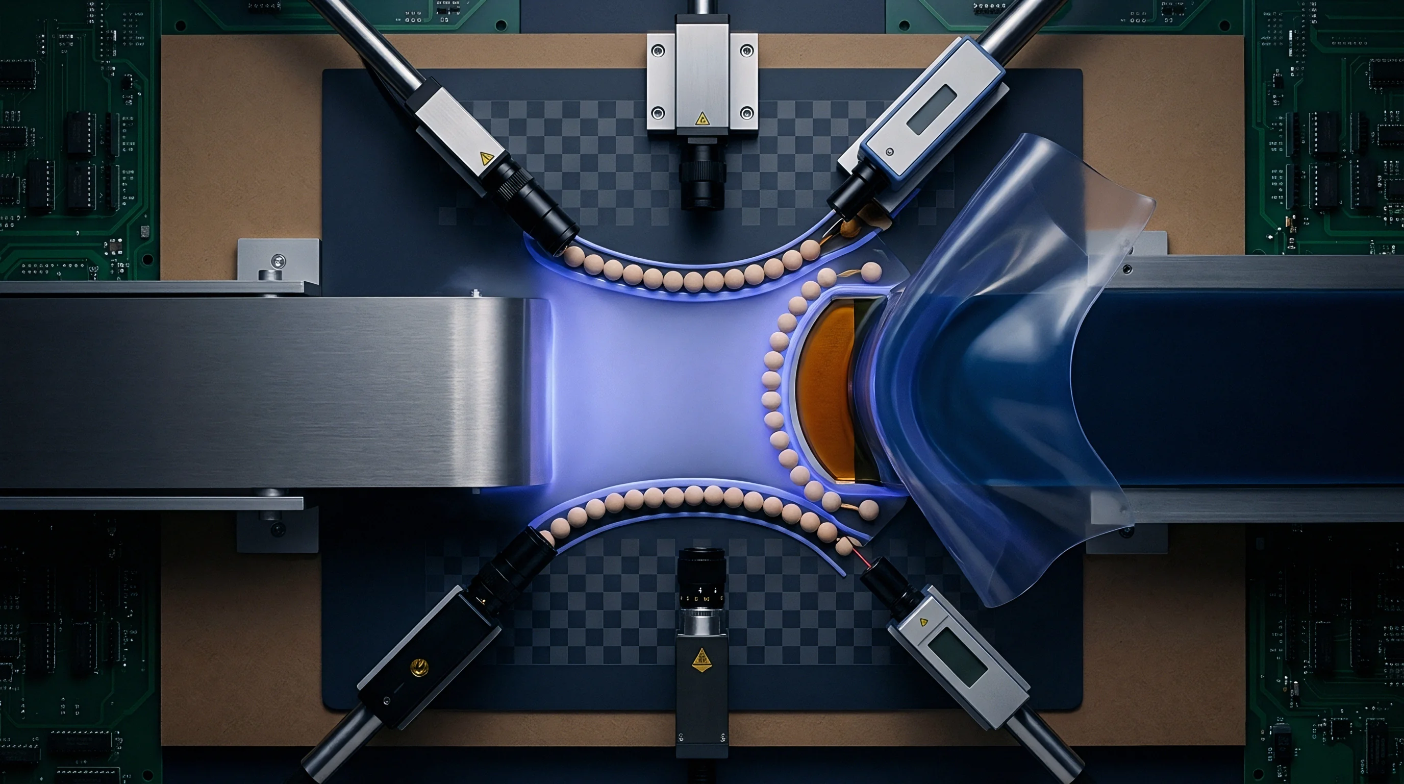 Precision optical sensors and laser measurement modules align along an automated circuit assembly rig carrying micro components.