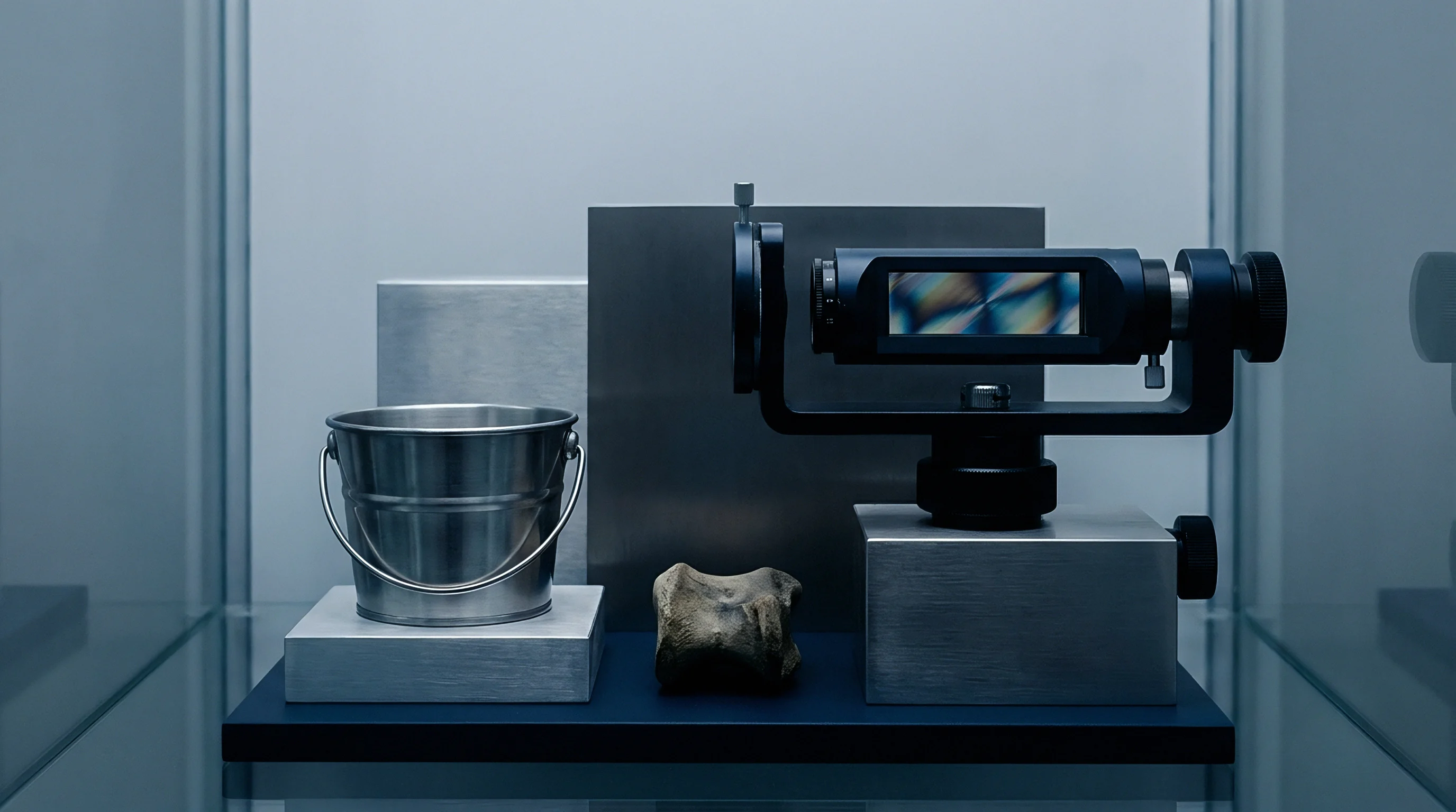 A benchtop optical polarimeter and metal sample specimens rest inside a calibrated testing enclosure during evaluation procedures.