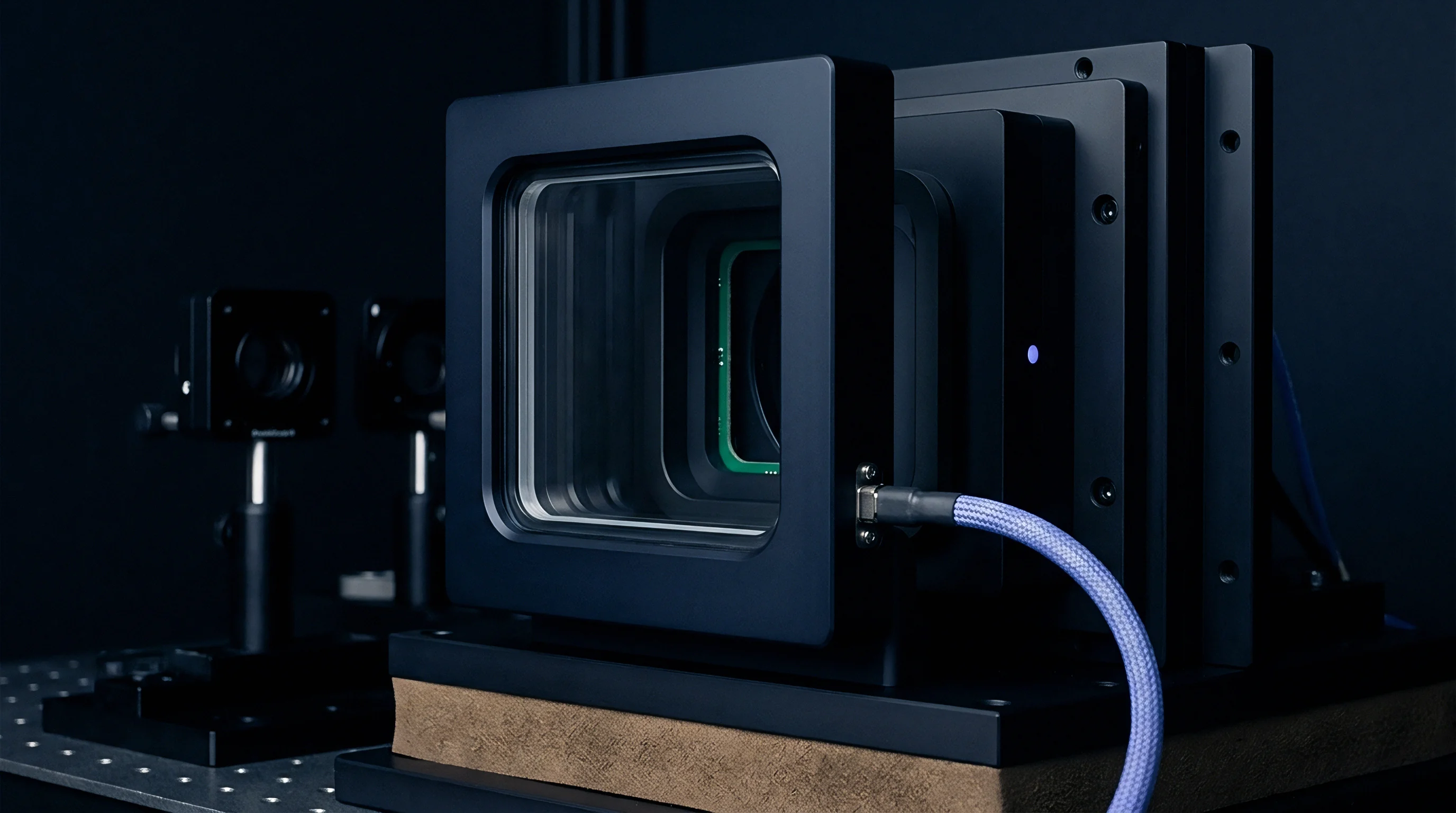 A multi layered black optoelectronic assembly houses an internal rectangular sensor array connected by a blue braided signal transmission cable.