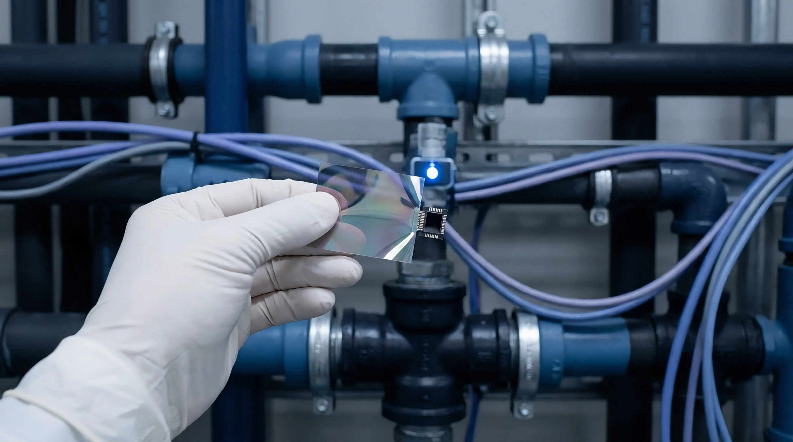 A gloved hand holds a thin, iridescent silicon wafer with a small electronic sensing component affixed, set against a background of industrial pipes and electrical conduits.