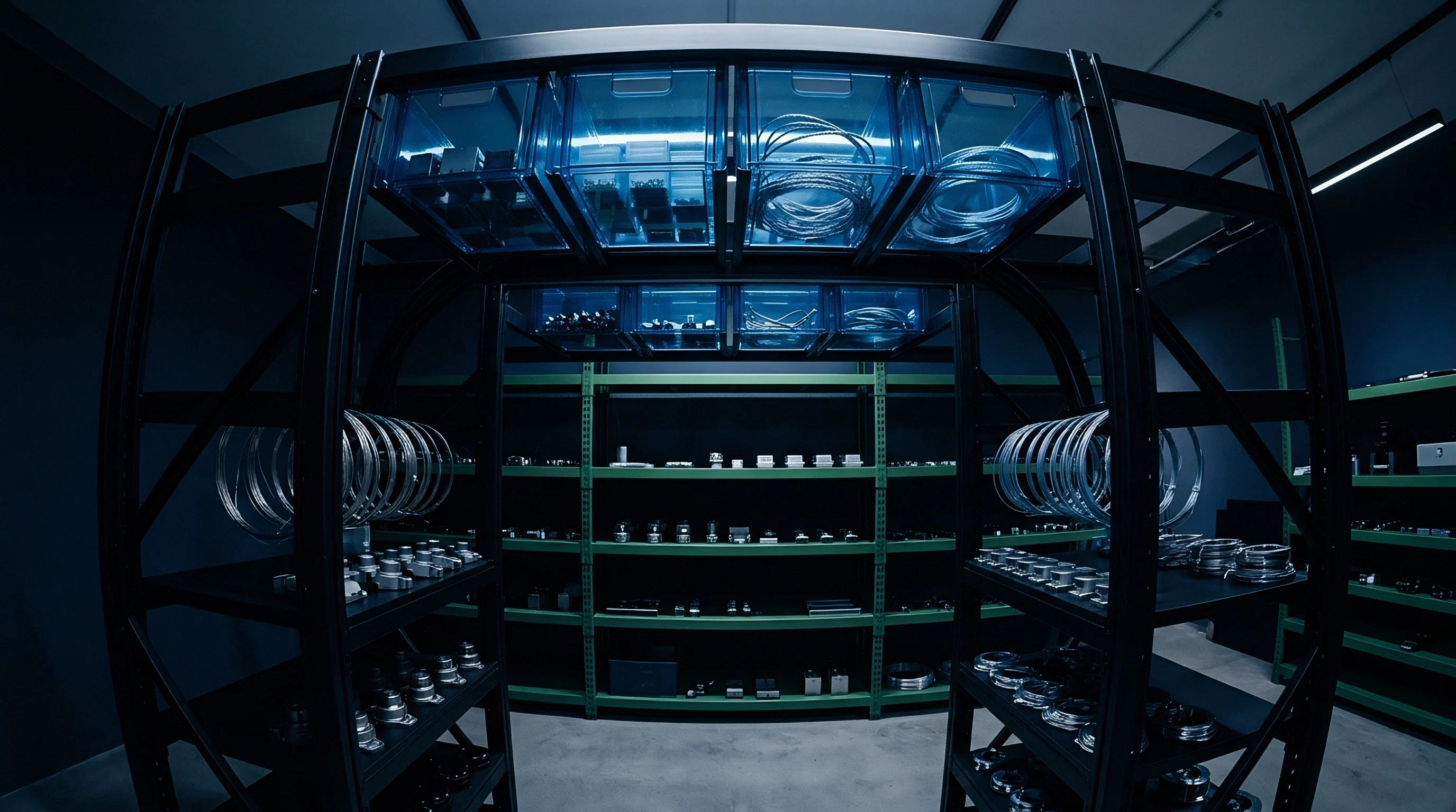 An organized warehouse rack holds precision metal parts and coiled cables beneath blue storage bins in an industrial assembly facility.