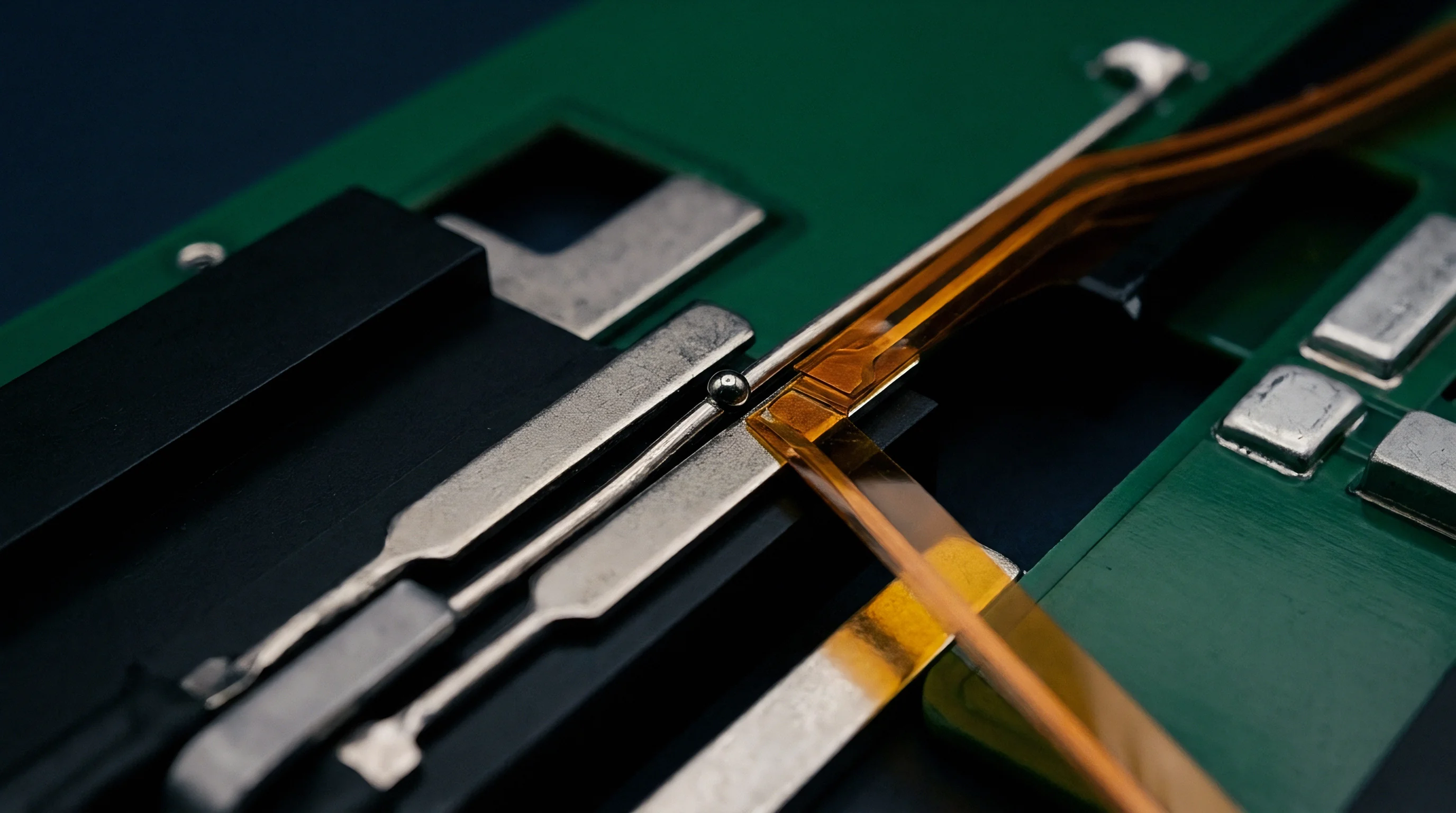 Flexible circuitry connects to a green printed circuit board inside an assembly fixture featuring a metallic track with a precision contact point.