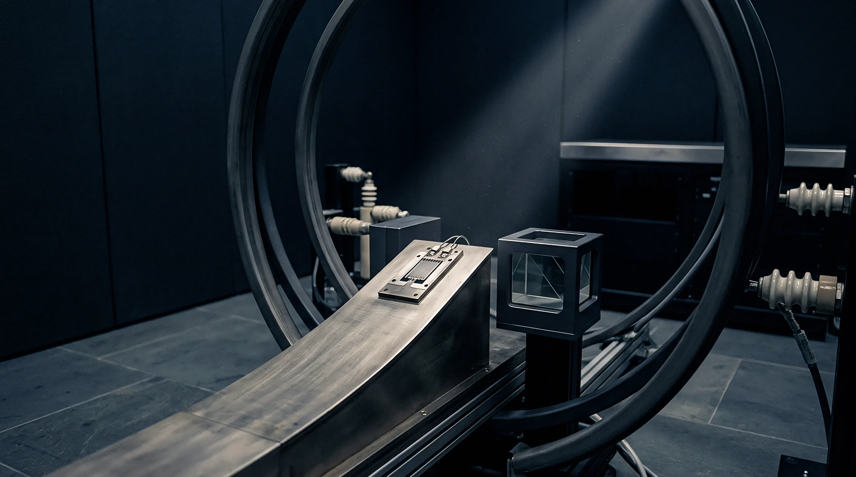 An electronic sensor module sits on an angled metallic mount between Helmholtz coils and a beam splitter inside a dark testing chamber.
