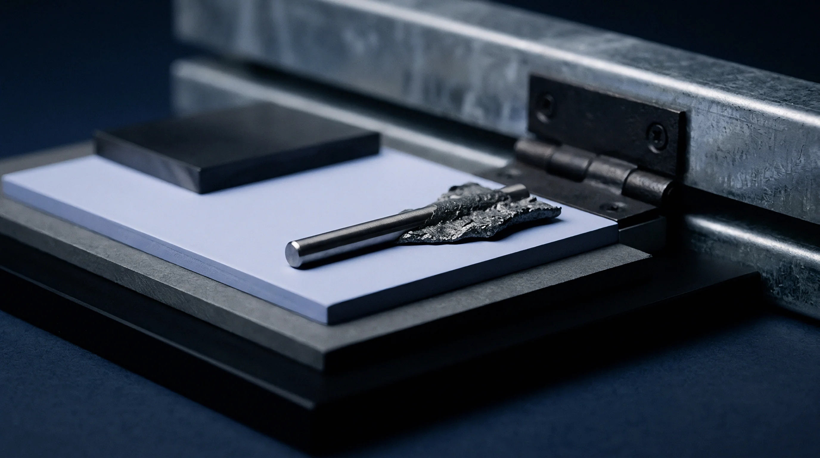 A metal rod and fused slag sample on a specialized pad next to a black rectangular block in a test rig.