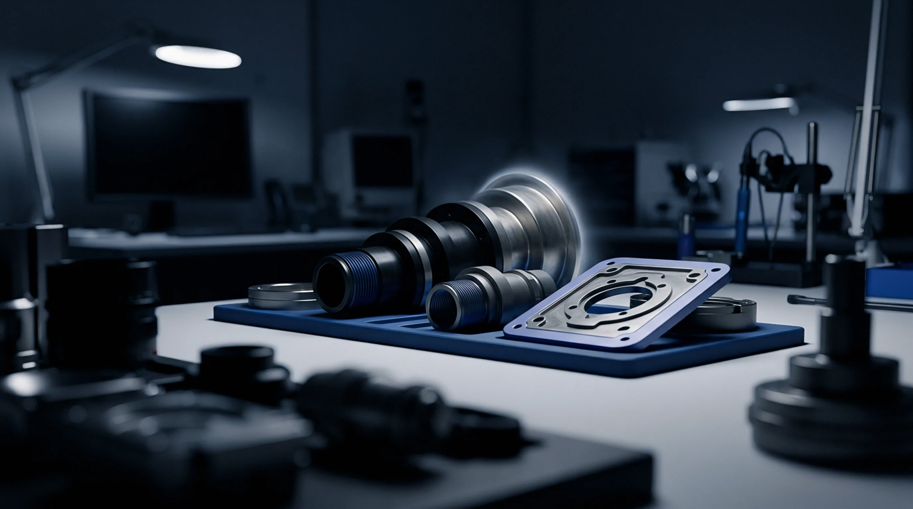 A digital render displays machined metal threaded cylinders and a square flanged plate resting on a blue alignment fixture inside a metrology laboratory.