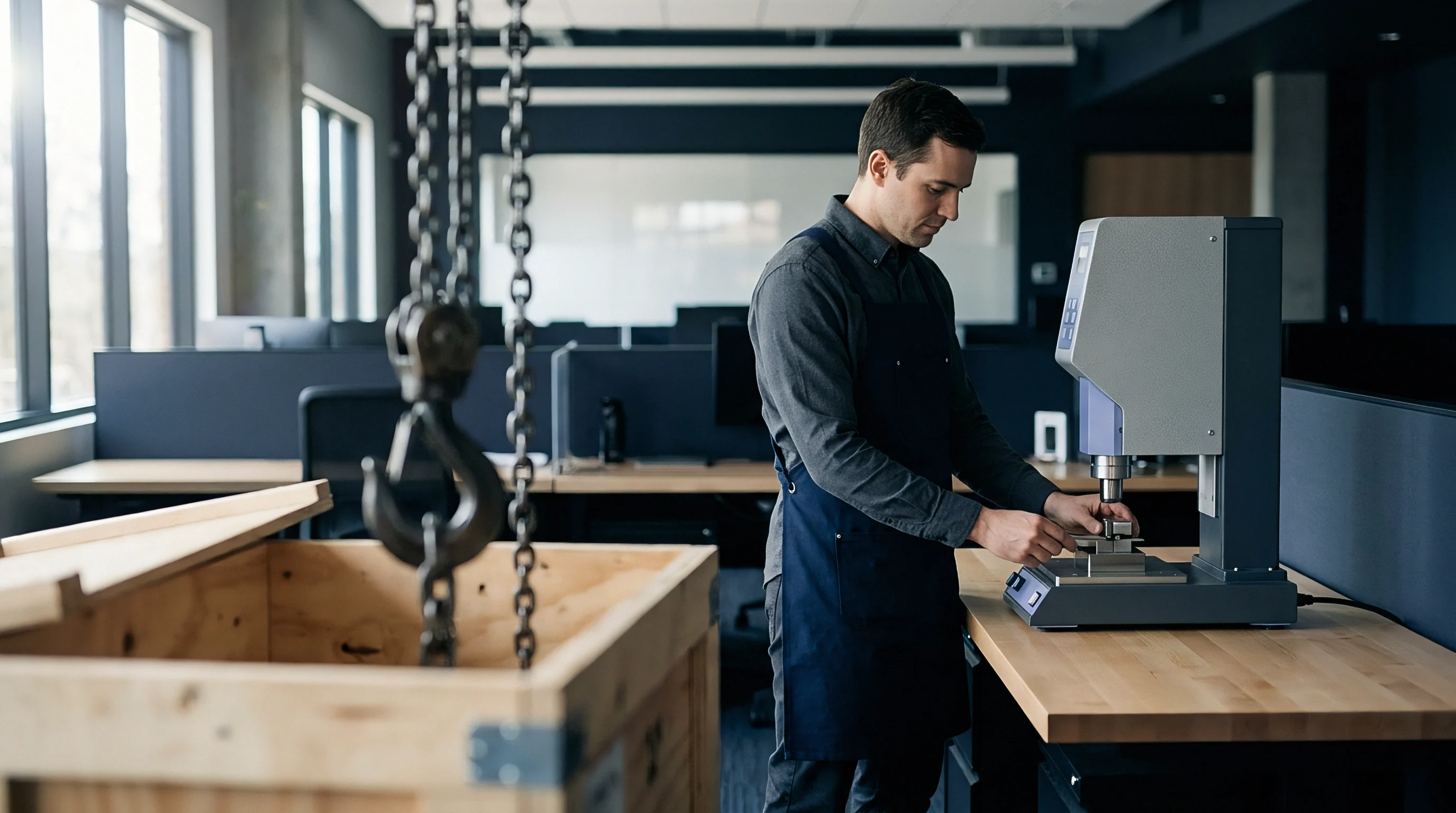 A technician in an apron precisely positions a small metal component under a measurement device on a light wood desk in a modern facility.