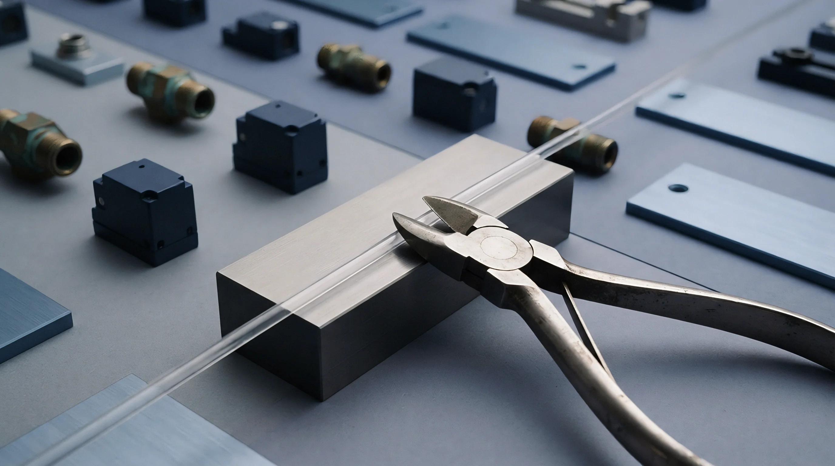 Industrial pliers sever a slender glass filament resting atop a machined steel block amidst an array of organized electronic integration hardware components.