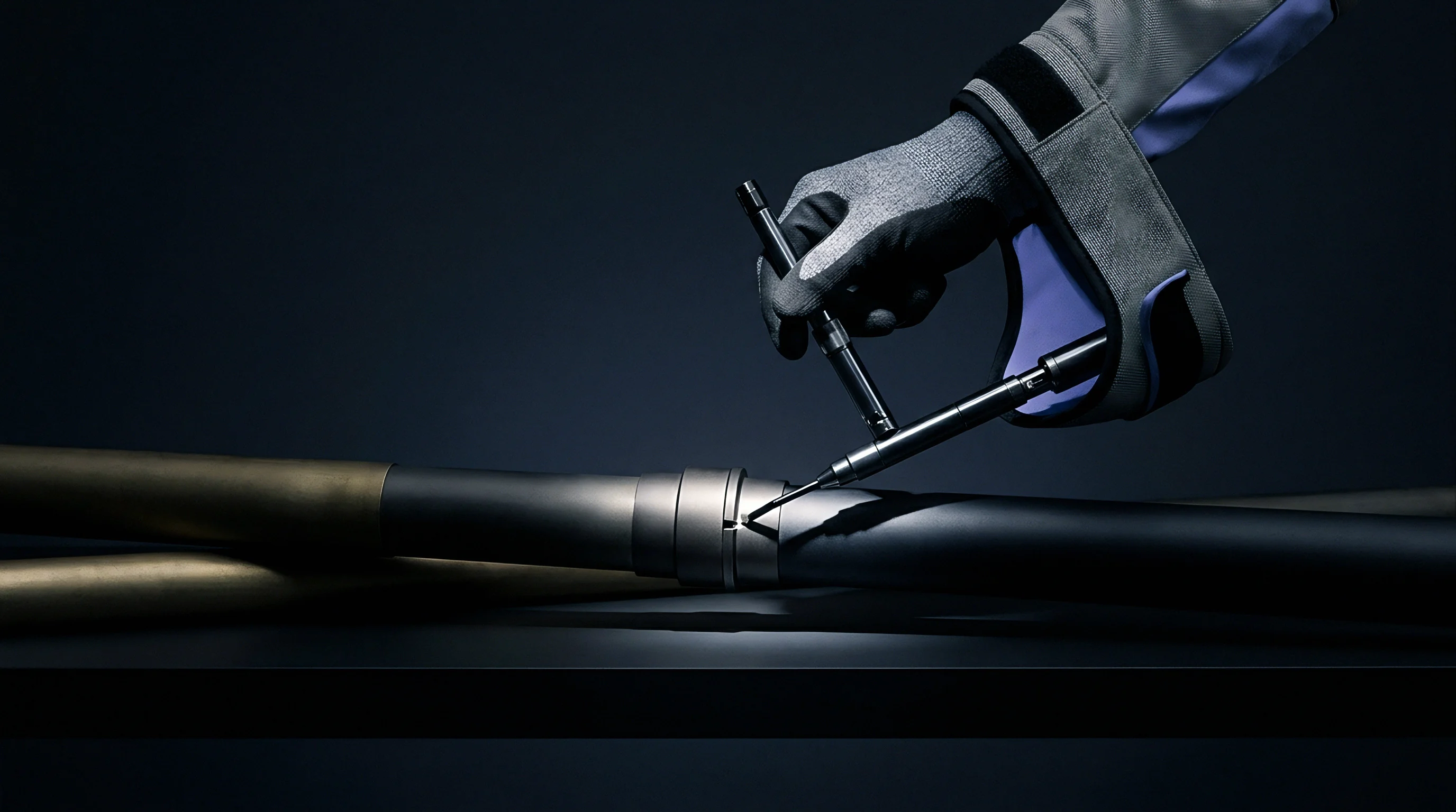 Gloved operator hand holding a precision calibration probe measures an industrial cylindrical assembly positioned upon a dark workbench.