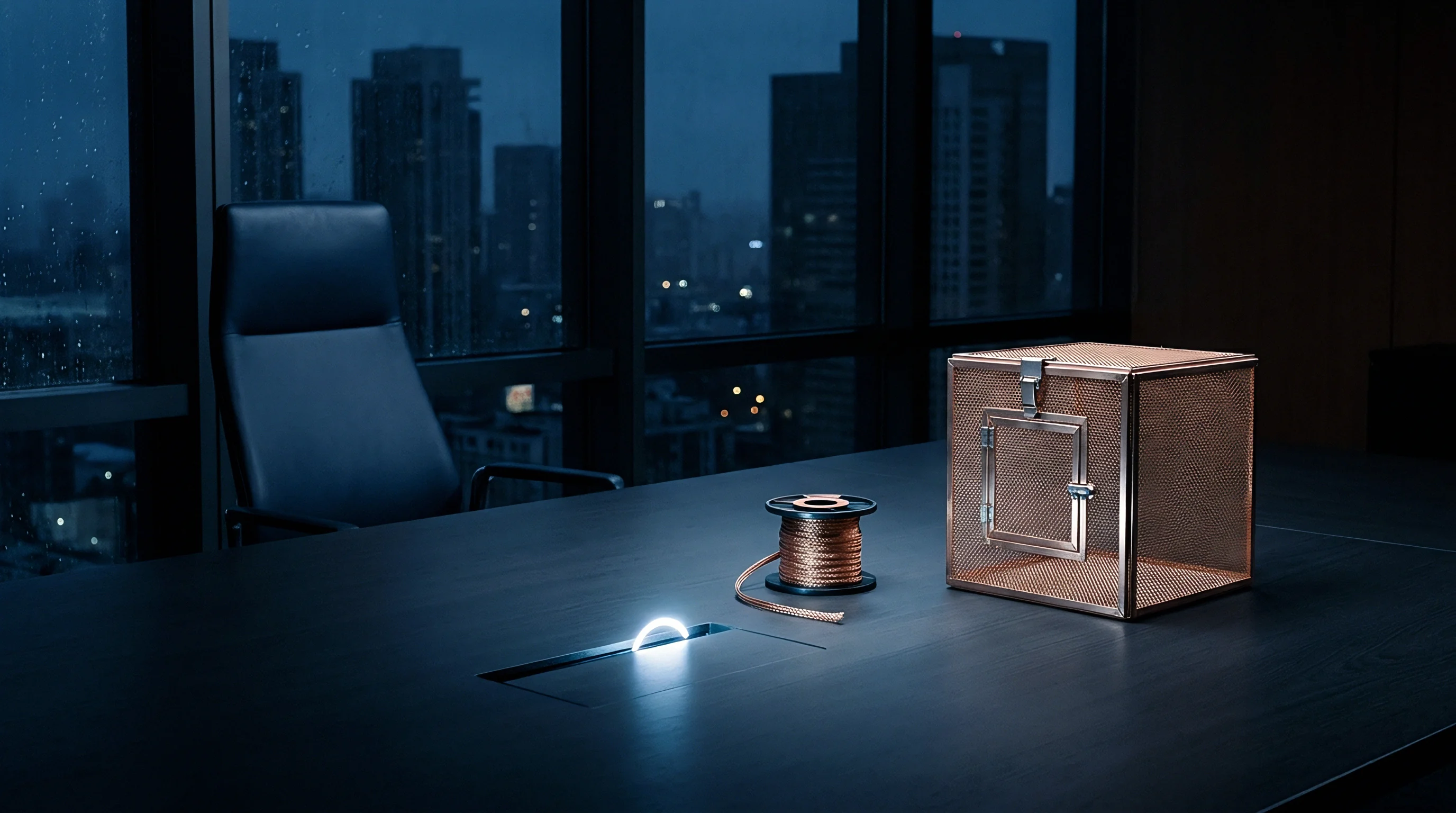A dark conference table features a spool of copper braid and an illuminated power or data port beside a large copper mesh enclosure.