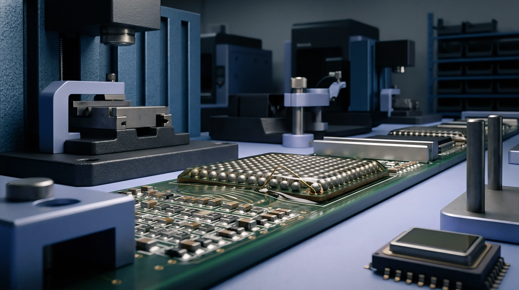 Automated optical inspection equipment positions precision sensors above a loaded circuit board inside a manufacturing facility.