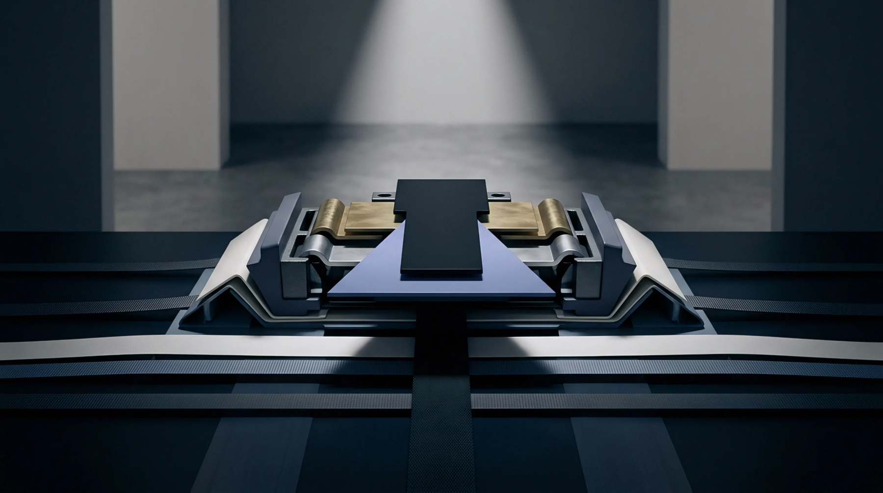 Complex multi layered hinge mechanism rendered in three dimensions with metallic and synthetic components stands centrally on a flat surface within a neutral studio environment.