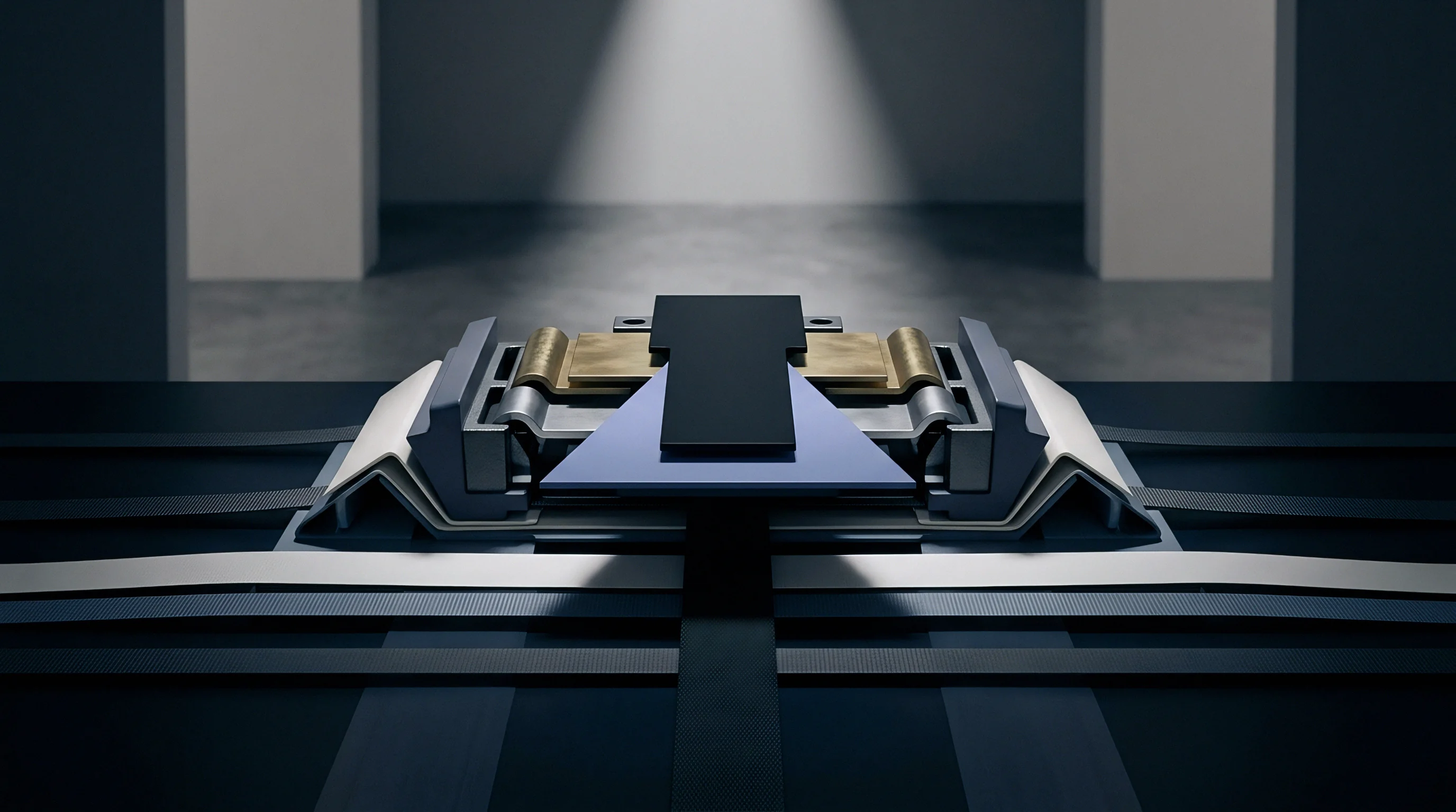Complex multi layered hinge mechanism rendered in three dimensions with metallic and synthetic components stands centrally on a flat surface within a neutral studio environment.