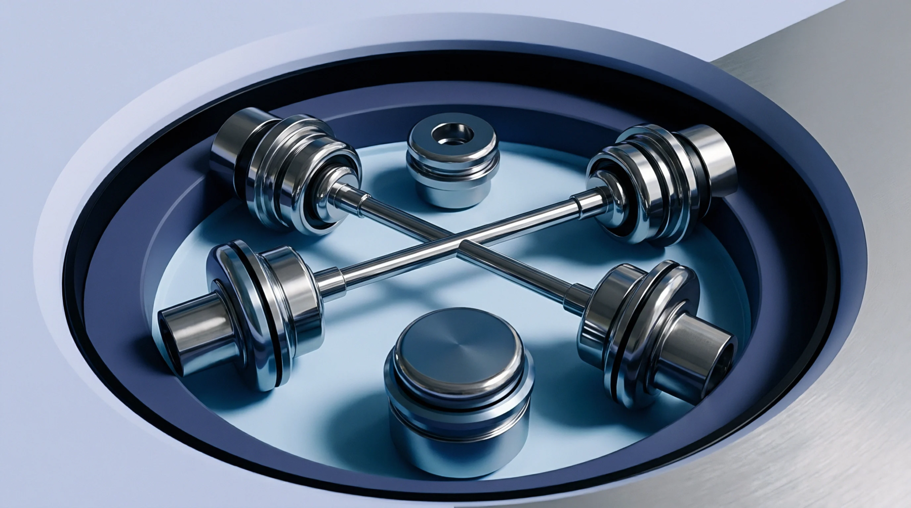Precision machined metallic shafts and cylindrical housings rest within a smooth circular chamber ready for automated industrial sensor integration and alignment.
