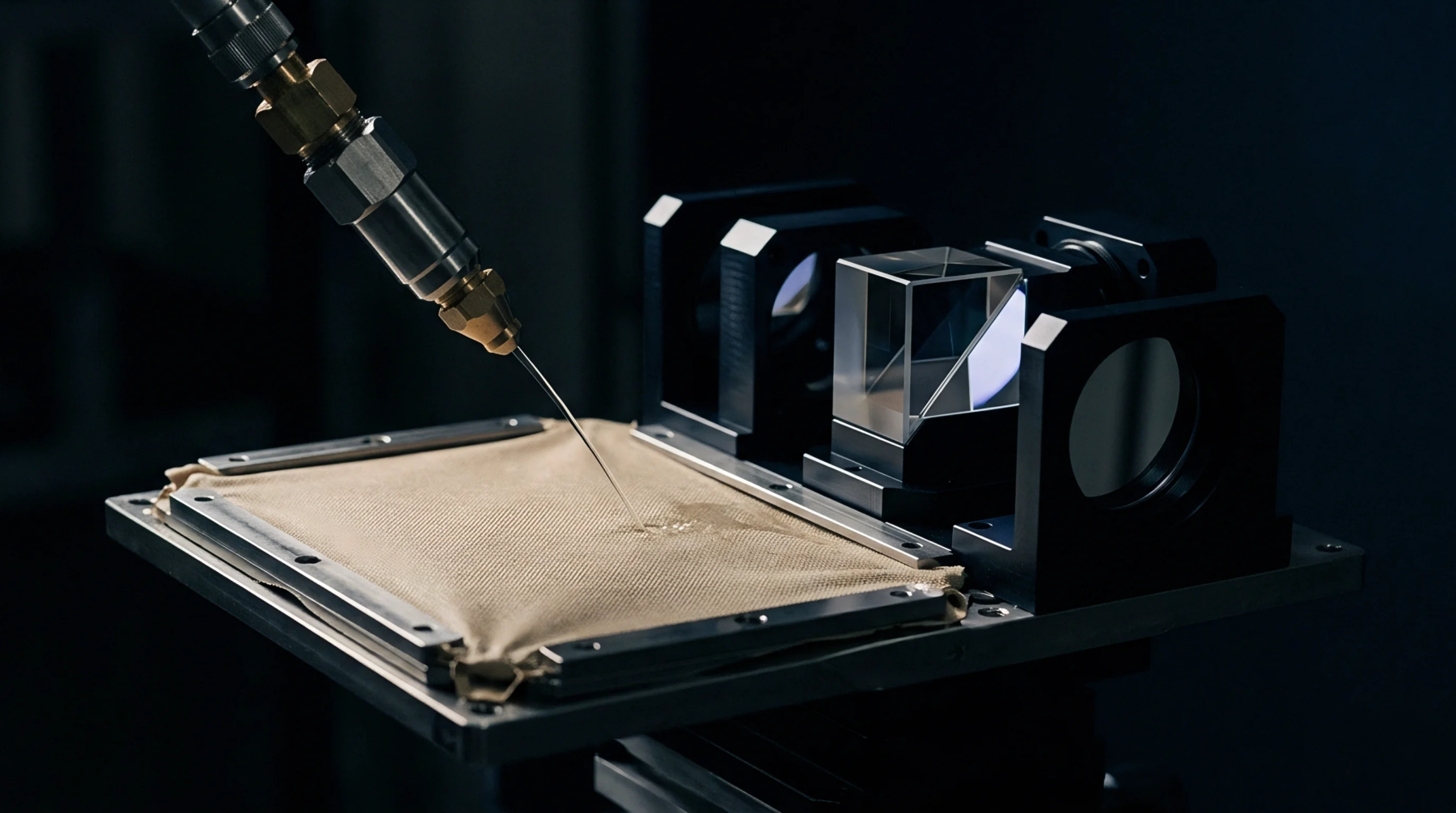 A precision dispensing needle applies a controlled fluid volume onto a tensioned fabric sample within an automated metrology testing station.