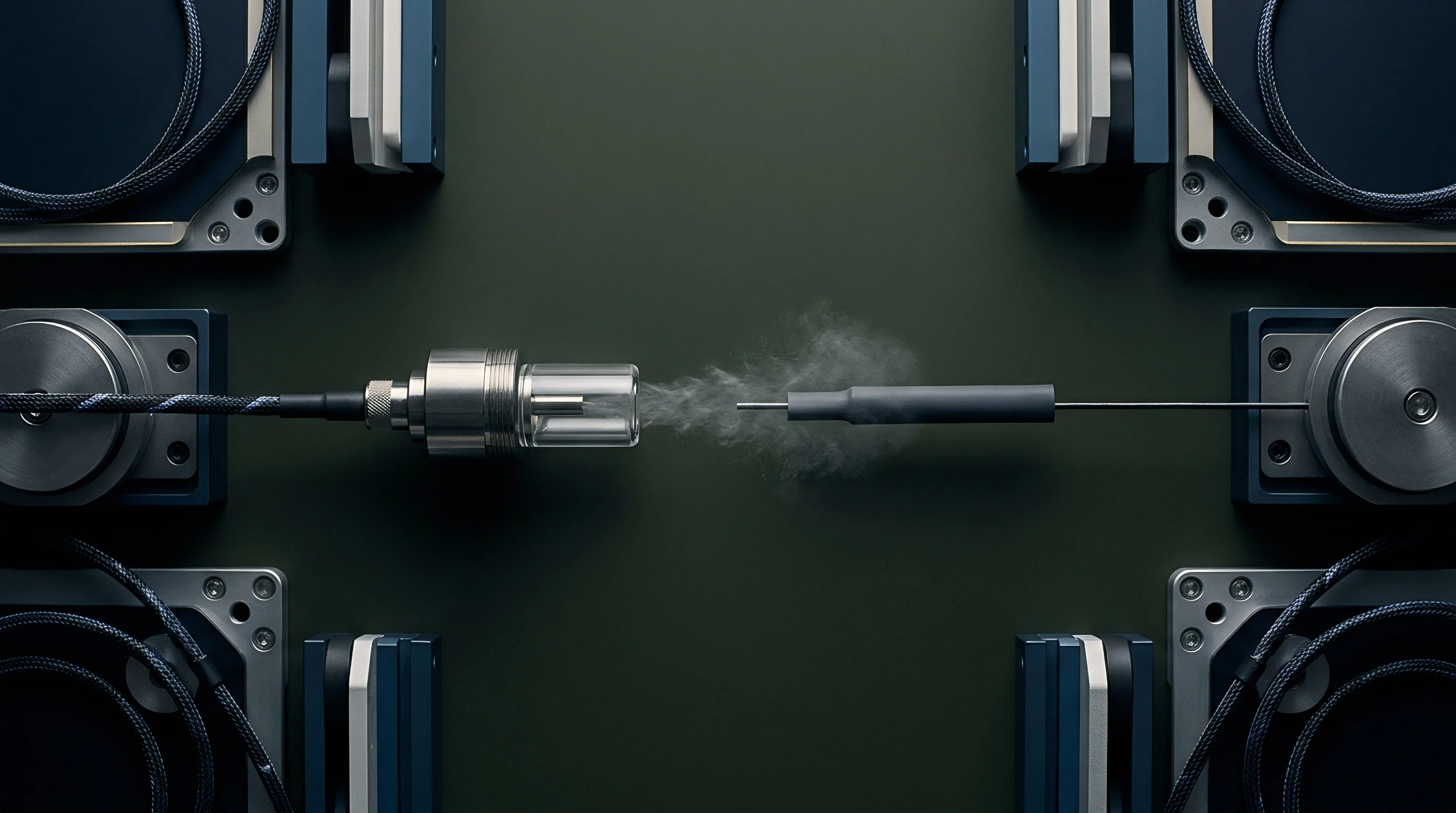 A controlled fluidic emission setup featuring interconnected electronic components including a braided cable, metal connector, and glass chamber directs a vapor plume.