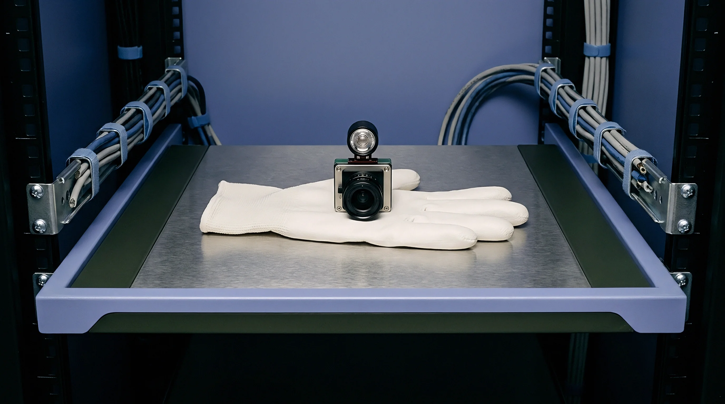A compact digital camera with an attached illumination source sits on a protective white glove on a metal tray within an equipment rack.