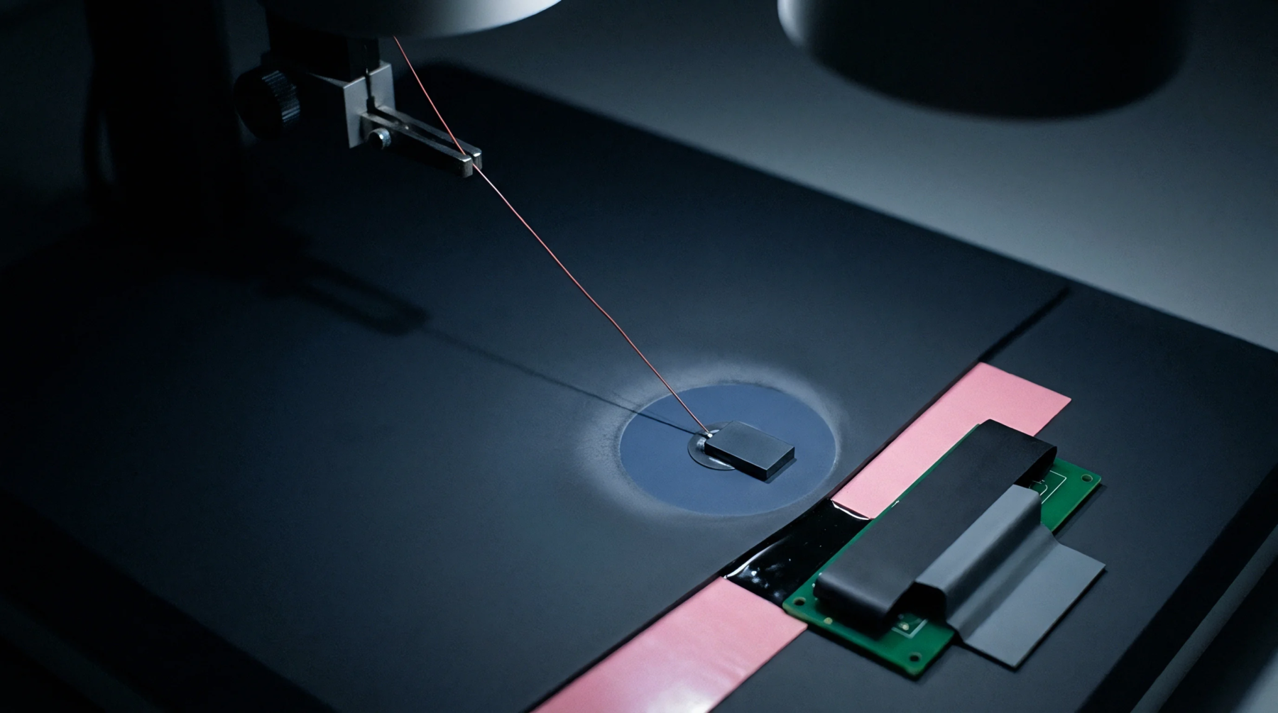 An optical probe directs a focused beam onto a miniature electronic component positioned on a matte testing surface for precise sensor evaluation.