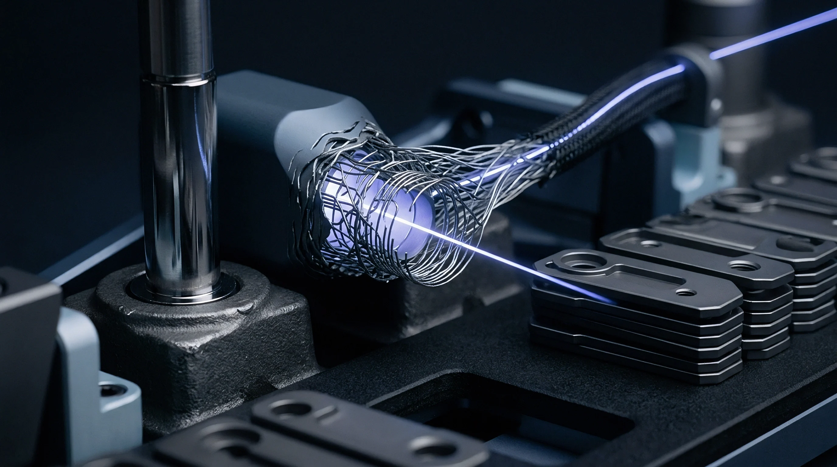 Digital render of metal braided mesh components and optical fiber alignment during precision laser manufacturing on an industrial assembly station.