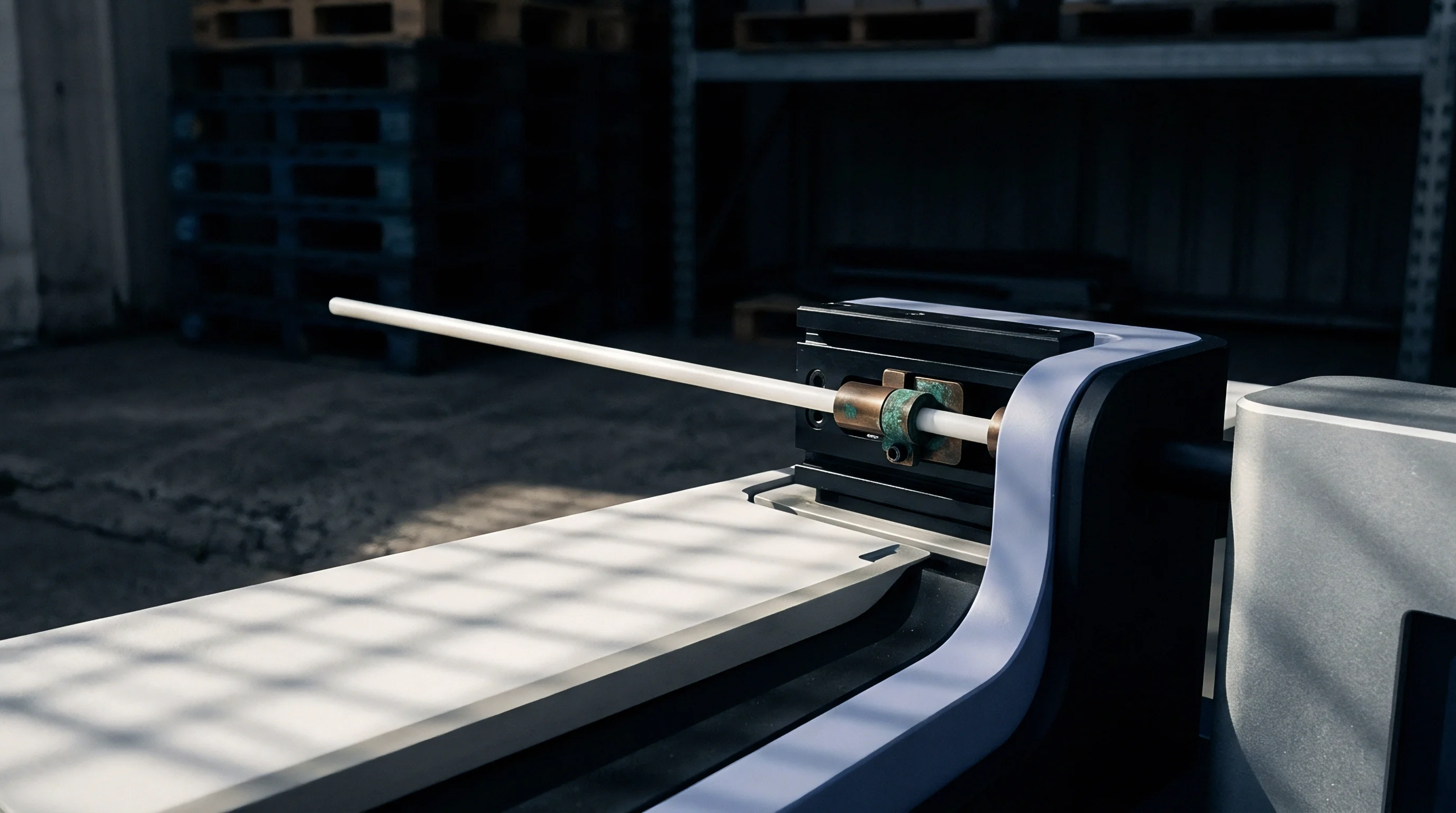 A white cylindrical probe extends from a black anodized clamping block within a specialized industrial test fixture inside a warehouse.