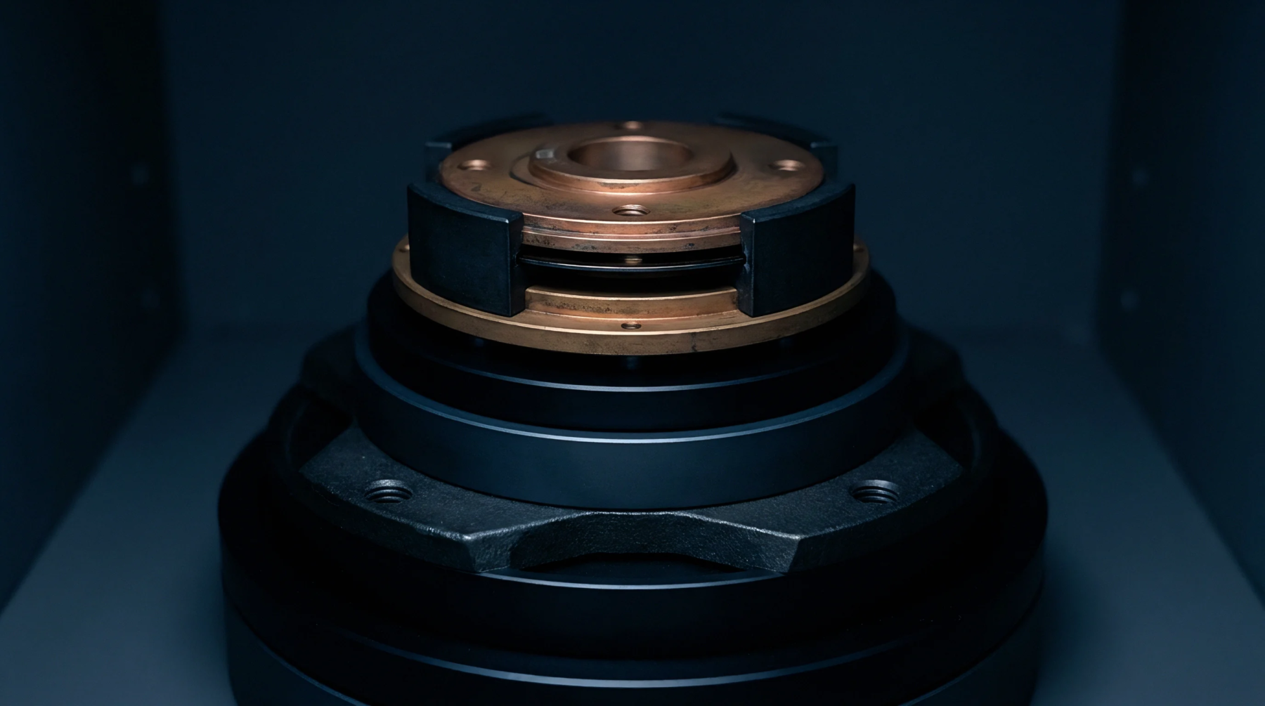 Bronze and black anodized aluminum mechanical components form a precision sensor calibration assembly inside a dark laboratory testing enclosure.
