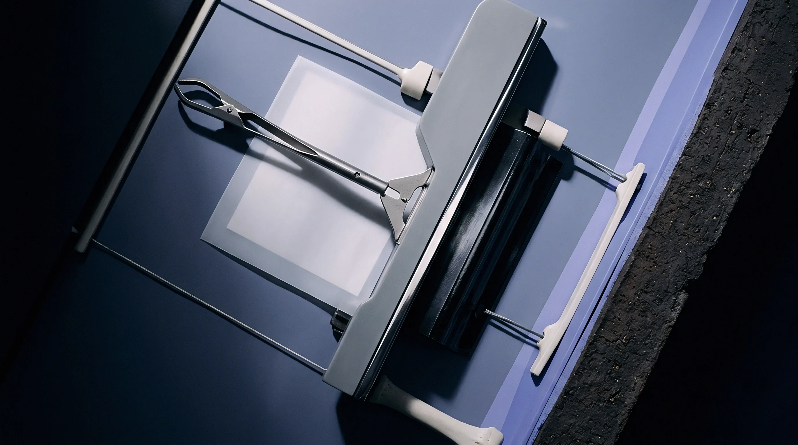 A specialized instrument featuring a metallic roller and precision forceps interacts with a transparent sheet on a smooth blue surface, alongside anatomical bone models.