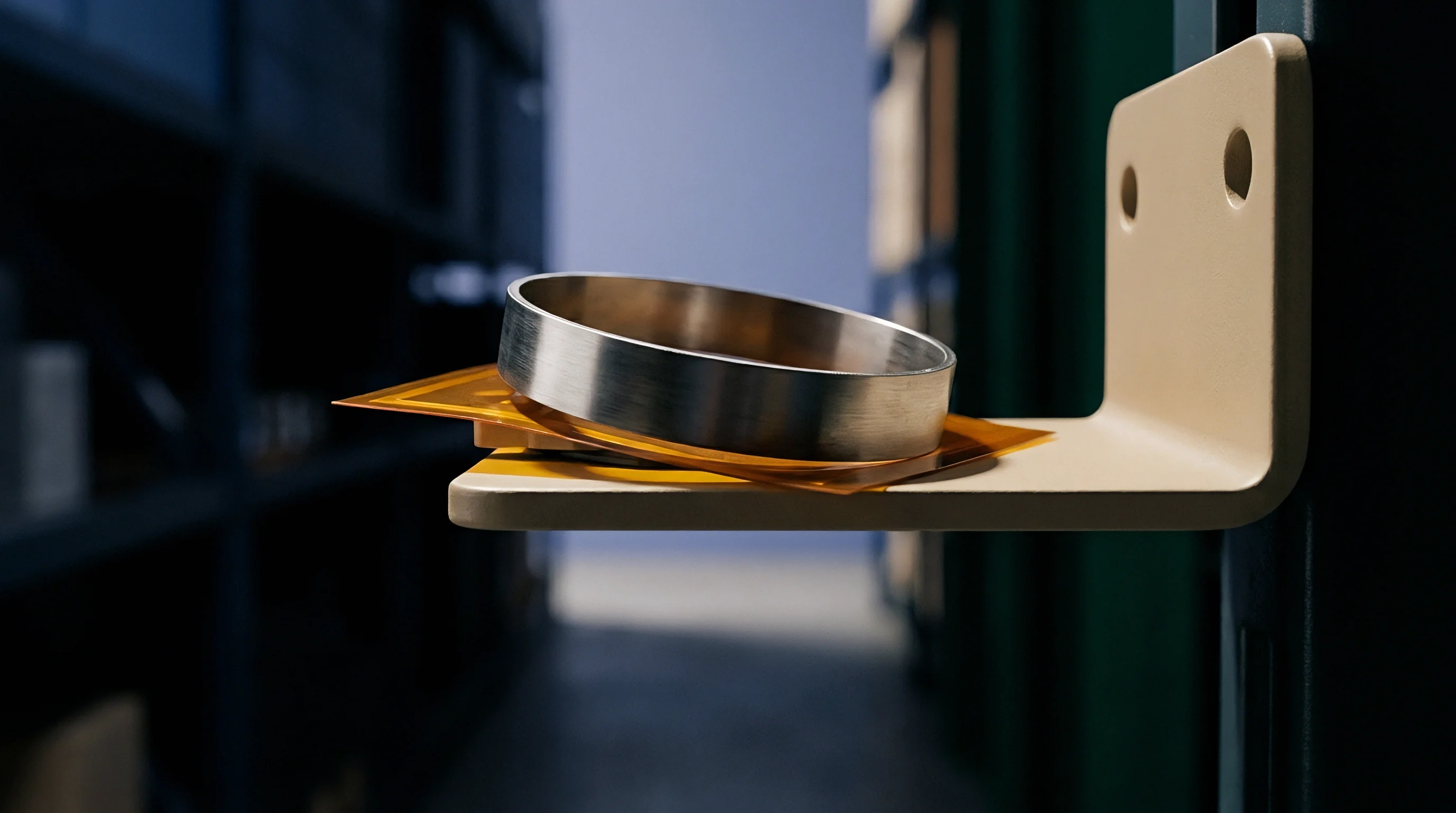 Flexible polyimide substrate and a precision metal ring rest on a painted mounting bracket attached to an industrial storage rack.