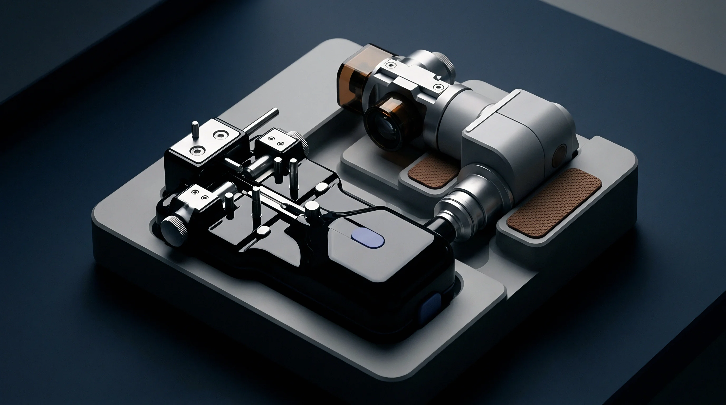 Black mechanical alignment chassis and silver optical sensor module integrate within a custom grey instrumentation tray in this rendered assembly.