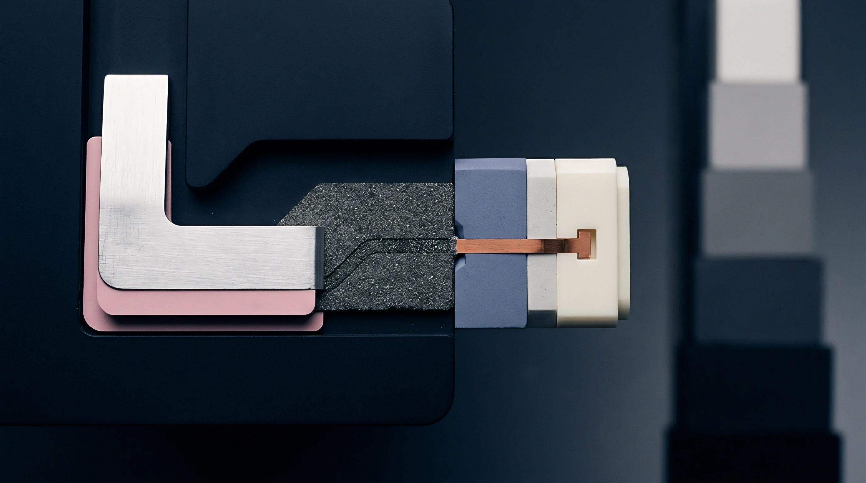 Interlocking modular blocks connect via copper foil traces to a textured substrate within a precision electronic assembly cutaway.