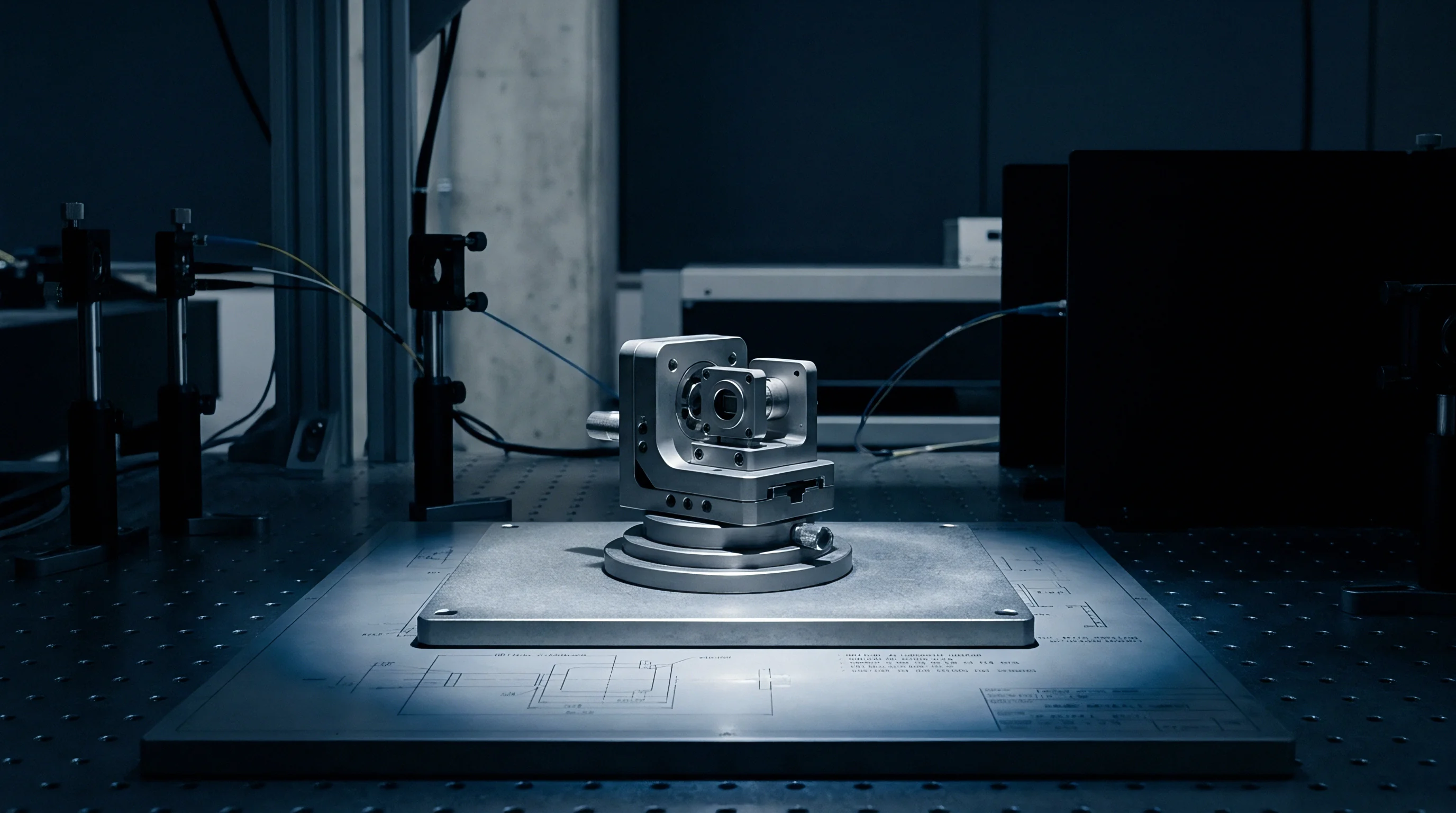 Metal optomechanical gimbal stages holding precision optics rest centrally upon an optical breadboard table inside a dark laser laboratory environment.