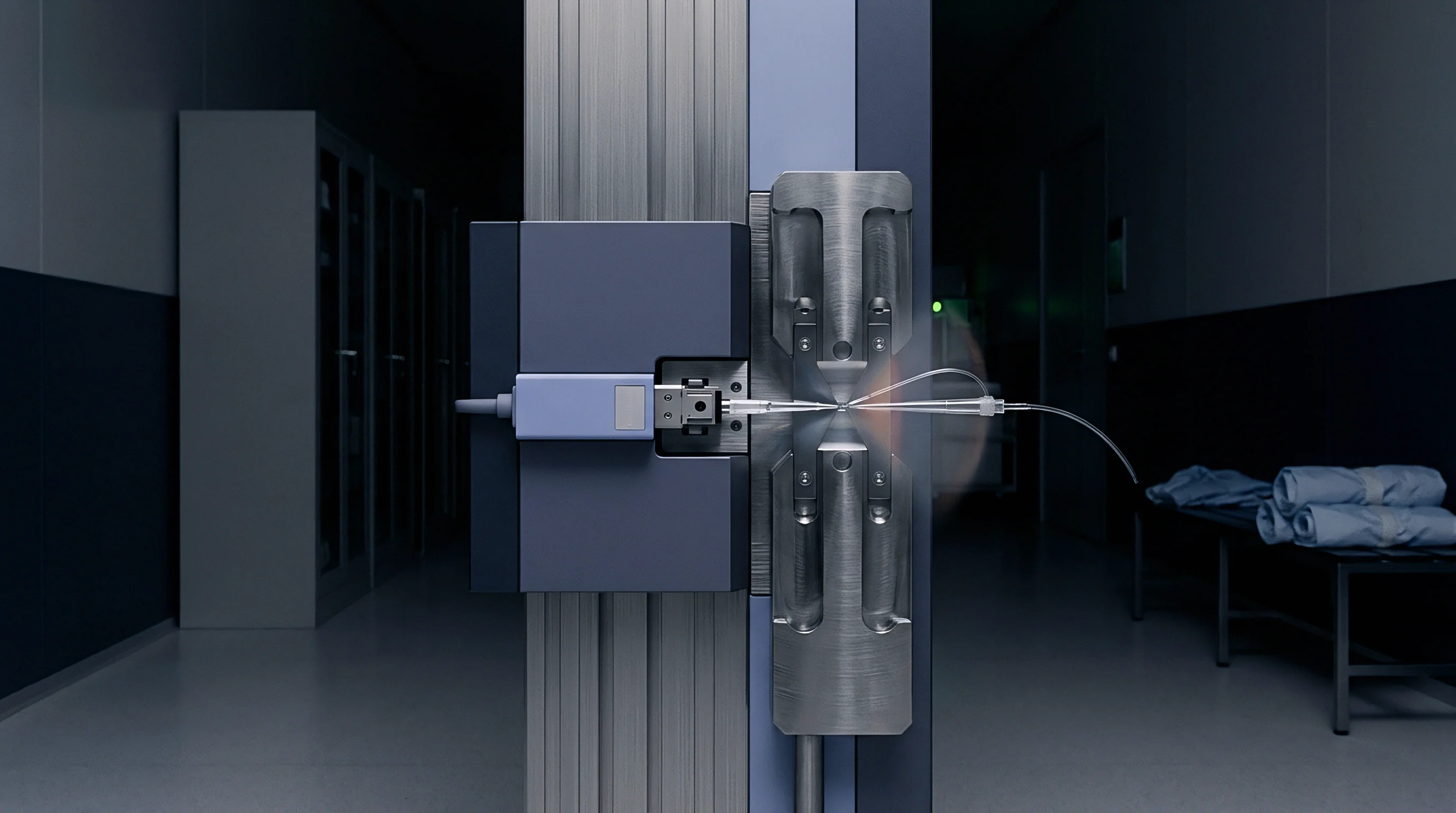 A high precision mechanical assembly aligns an optical fiber with a sensing component within a specialized industrial production environment.