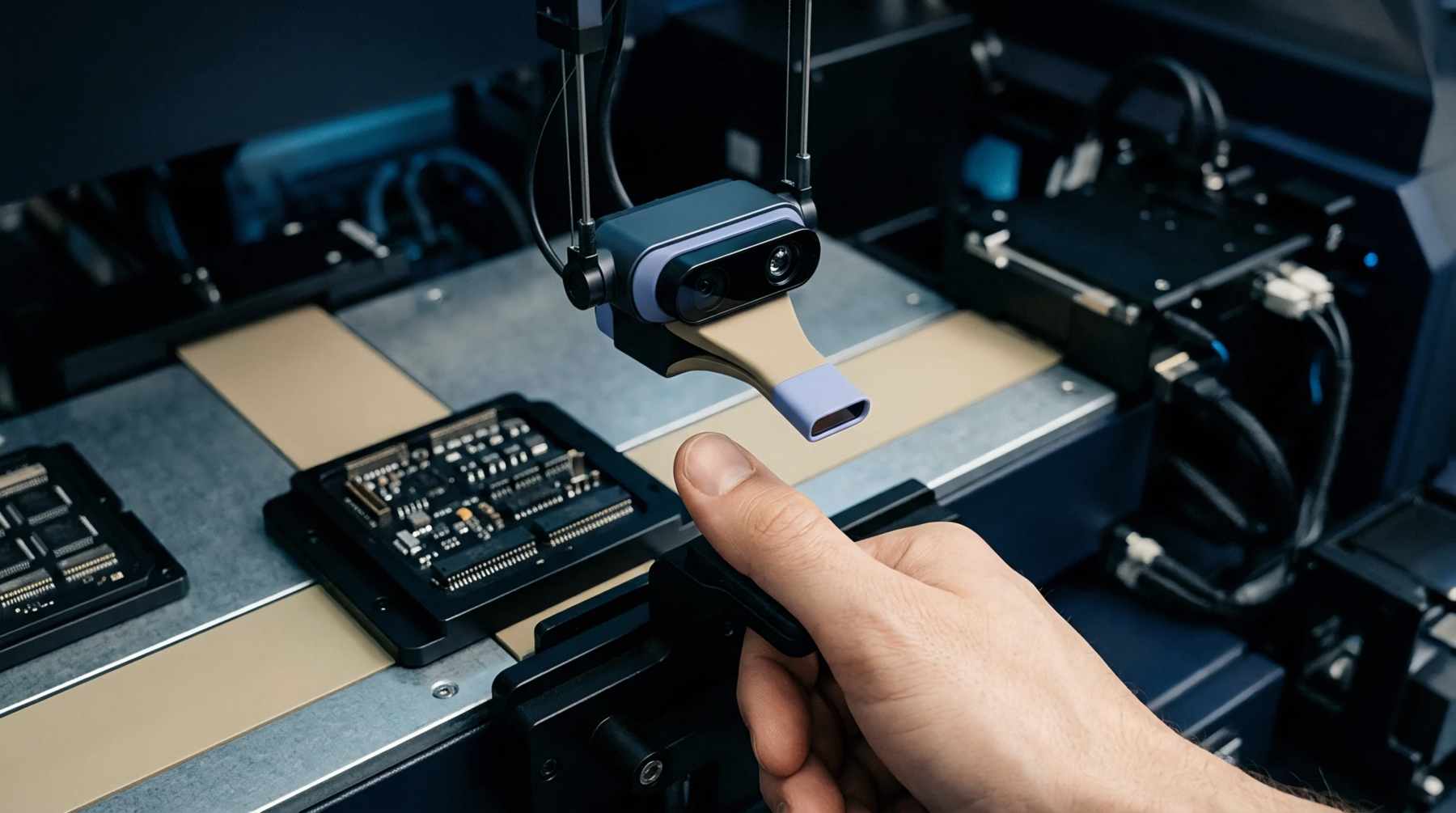 An industrial optical sensing head suspends over a populated printed circuit board while a technician guides the mechanism during a production alignment task.