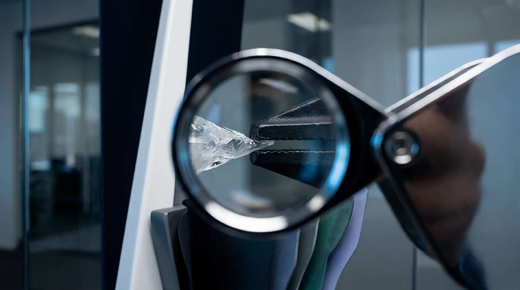 An optical inspection loupe magnifies a crystalline sensor component secured within a precision micro gripper inside a cleanroom quality laboratory.