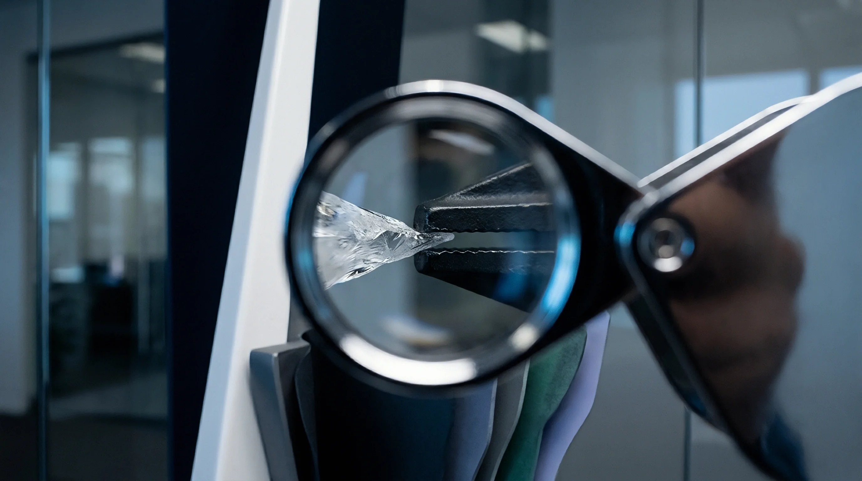 An optical inspection loupe magnifies a crystalline sensor component secured within a precision micro gripper inside a cleanroom quality laboratory.