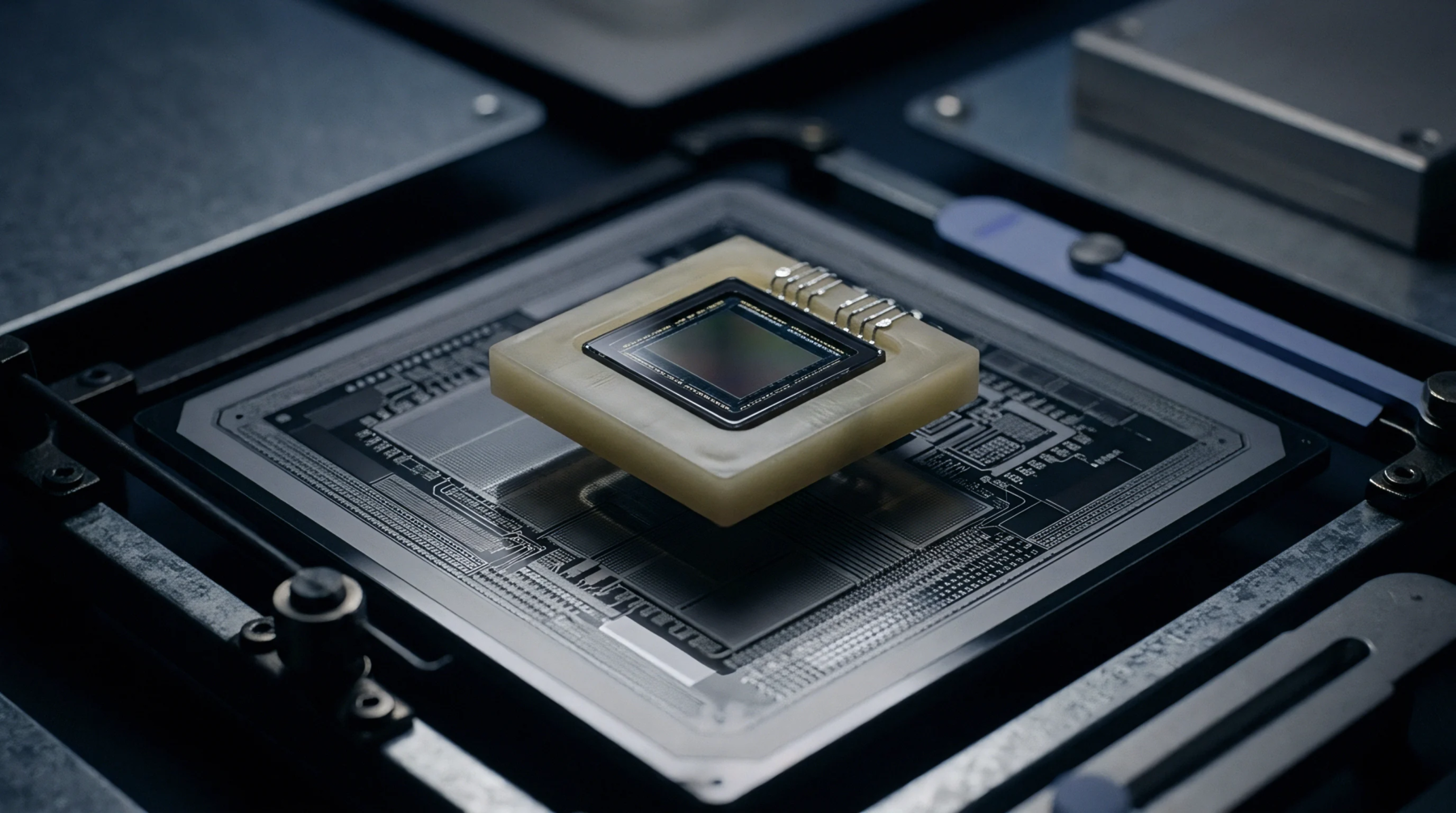 A digital render reveals a silicon image sensor mounted on a ceramic carrier positioned above a semiconductor substrate inside an industrial assembly rig.