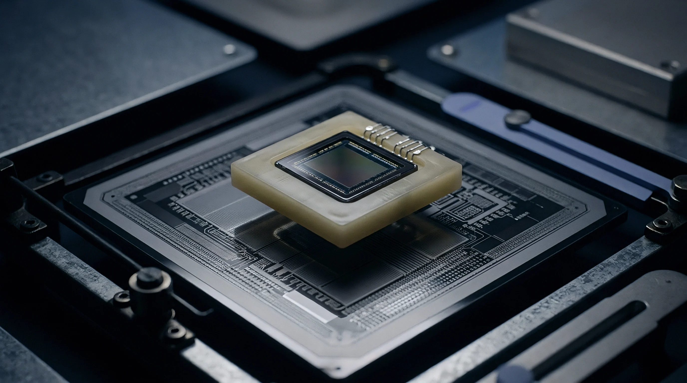 A digital render reveals a silicon image sensor mounted on a ceramic carrier positioned above a semiconductor substrate inside an industrial assembly rig.