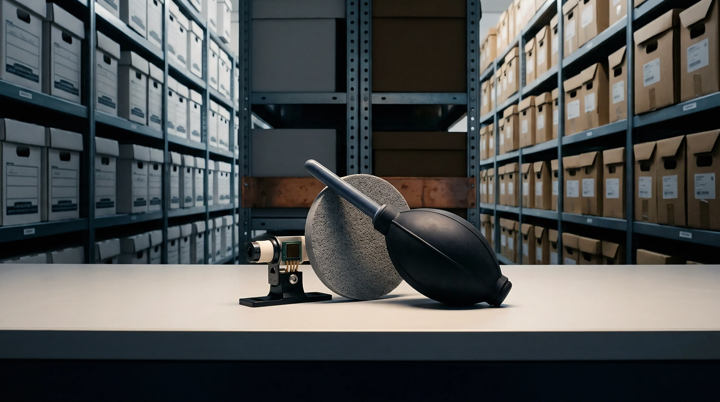 A black rubber dust blower and a grey abrasive disc rest beside a miniature optical sensor component on a white industrial workbench.