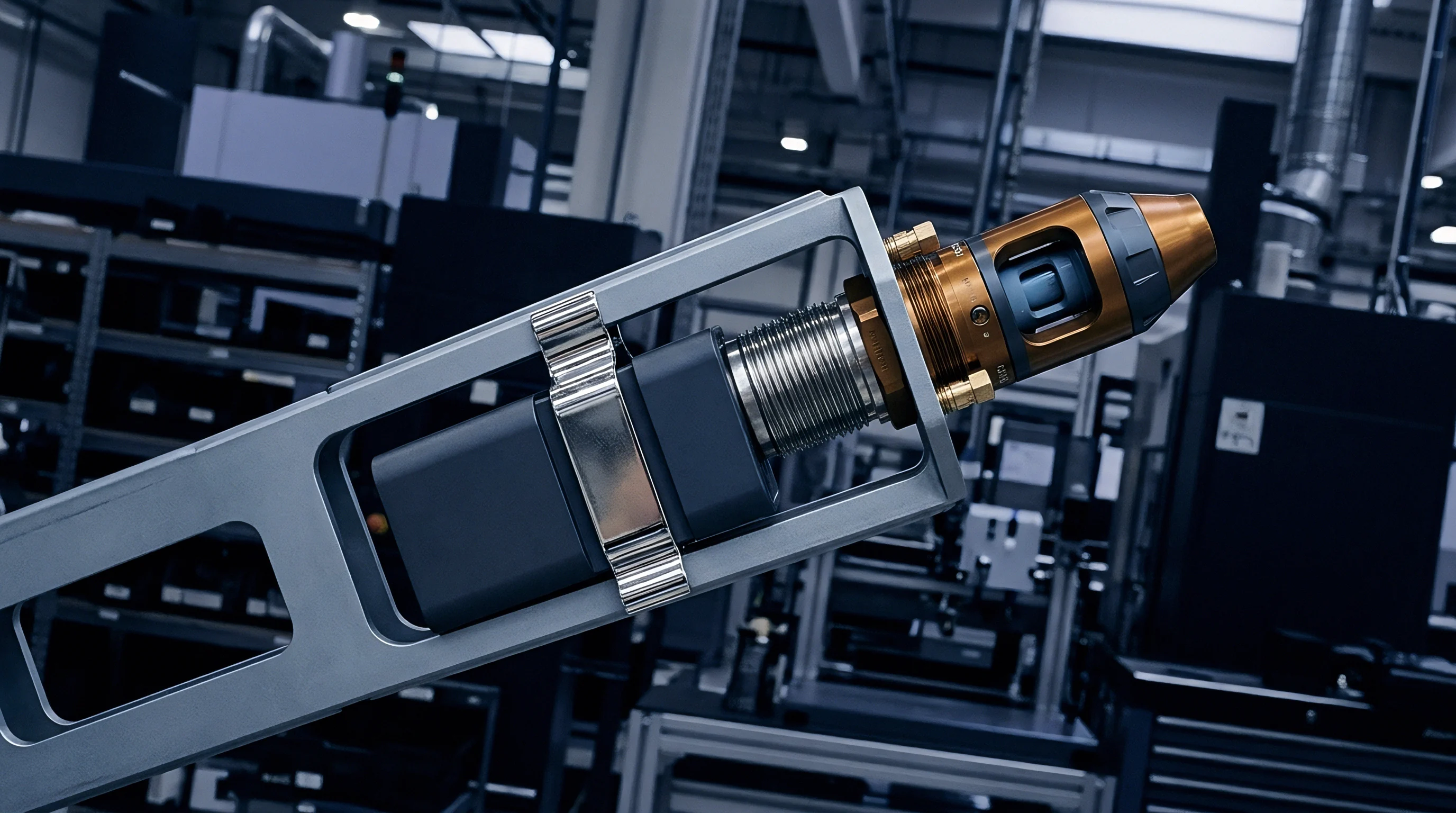 A metallic fixture securely holds an industrial optical sensor module inside a factory production environment equipped with automated manufacturing machinery.
