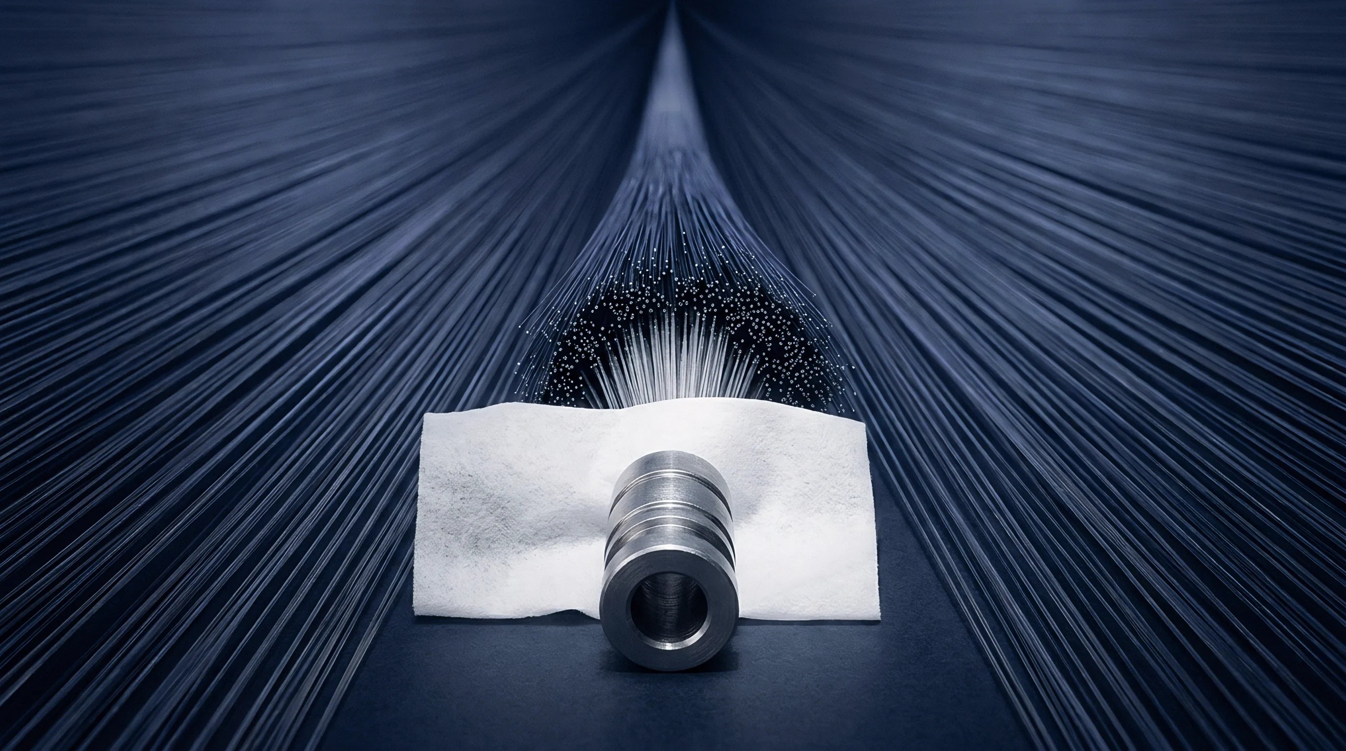A machined steel ferrule sits on a cleanroom cloth before a radiating array of glass fiber optic filaments in an assembly station.