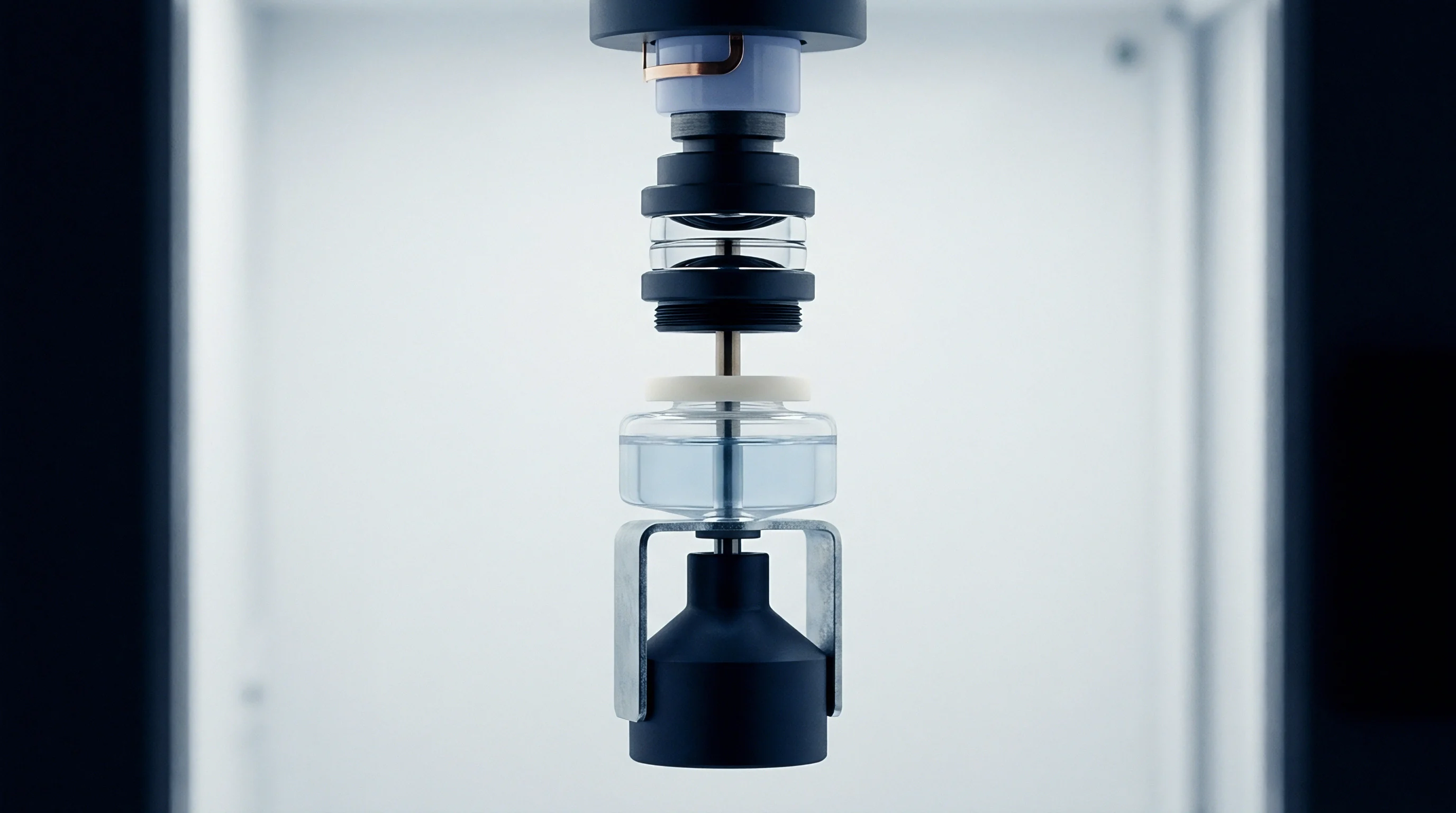 An assembled optical sensor probe features transparent cylindrical components and mechanical mounting brackets suspended within a sterile bright white measurement enclosure.