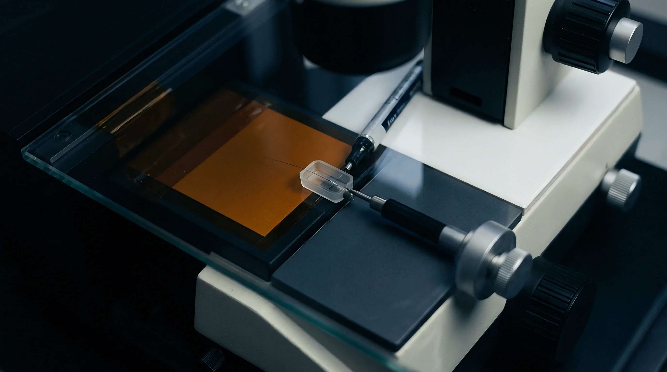 A precision probe station positions a fine microprobe against an amber polymer substrate inside an electrical research laboratory.