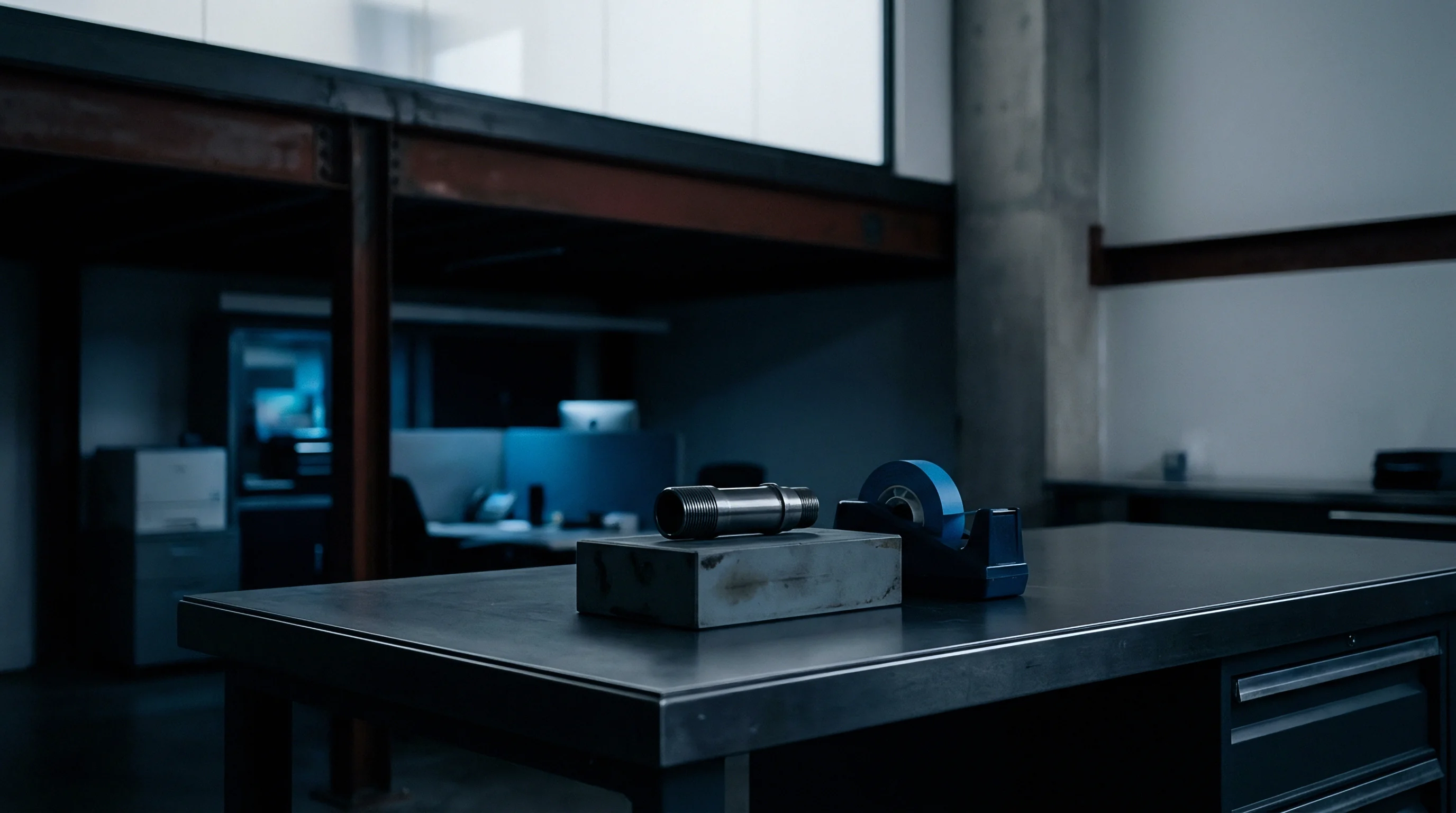 A threaded metal workpiece rests on a flat block next to a dispenser on a stainless steel workbench within a darkened industrial facility.