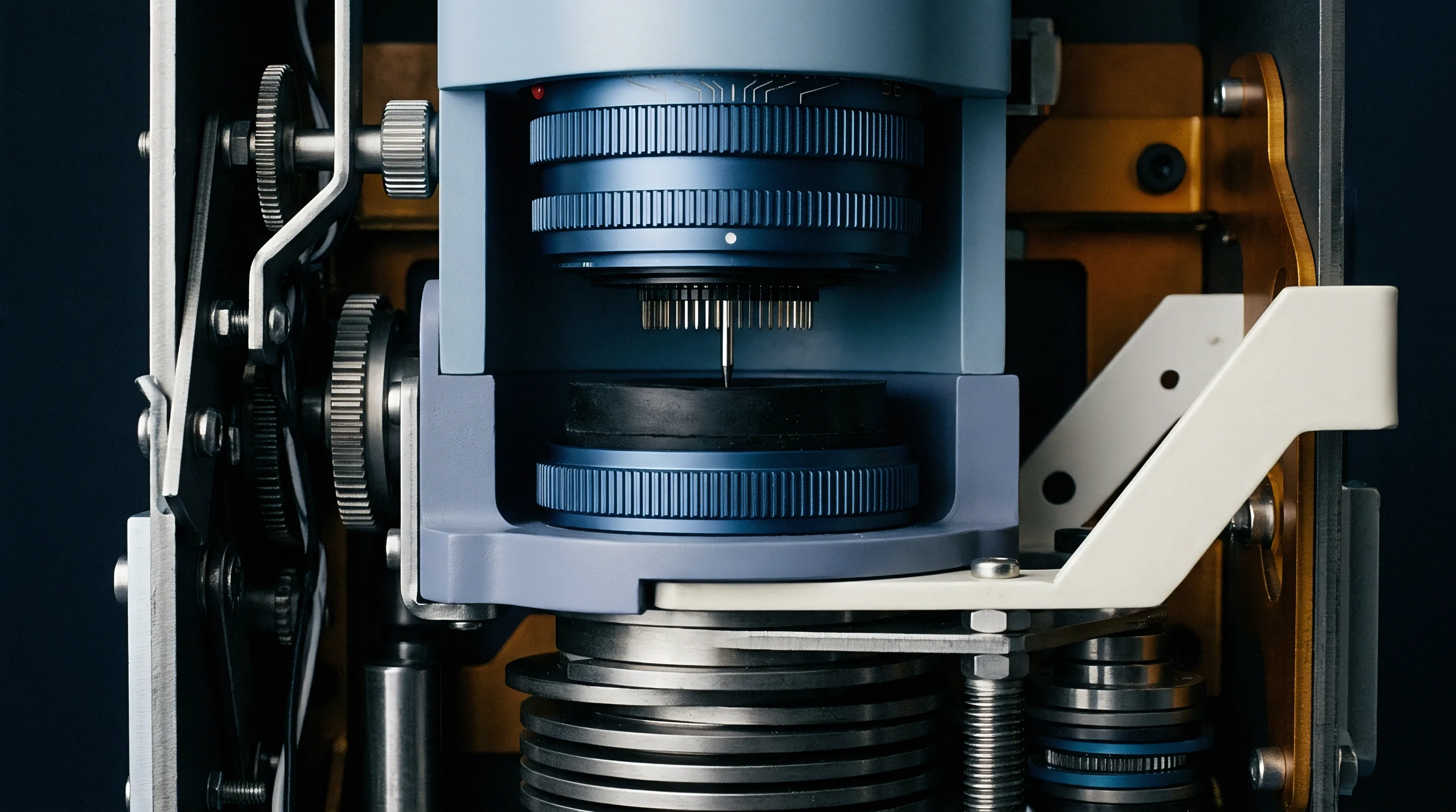 Precision calibration hardware utilizes spring loaded pins inside a structured blue housing to interface with electronic measuring components during testing phases.