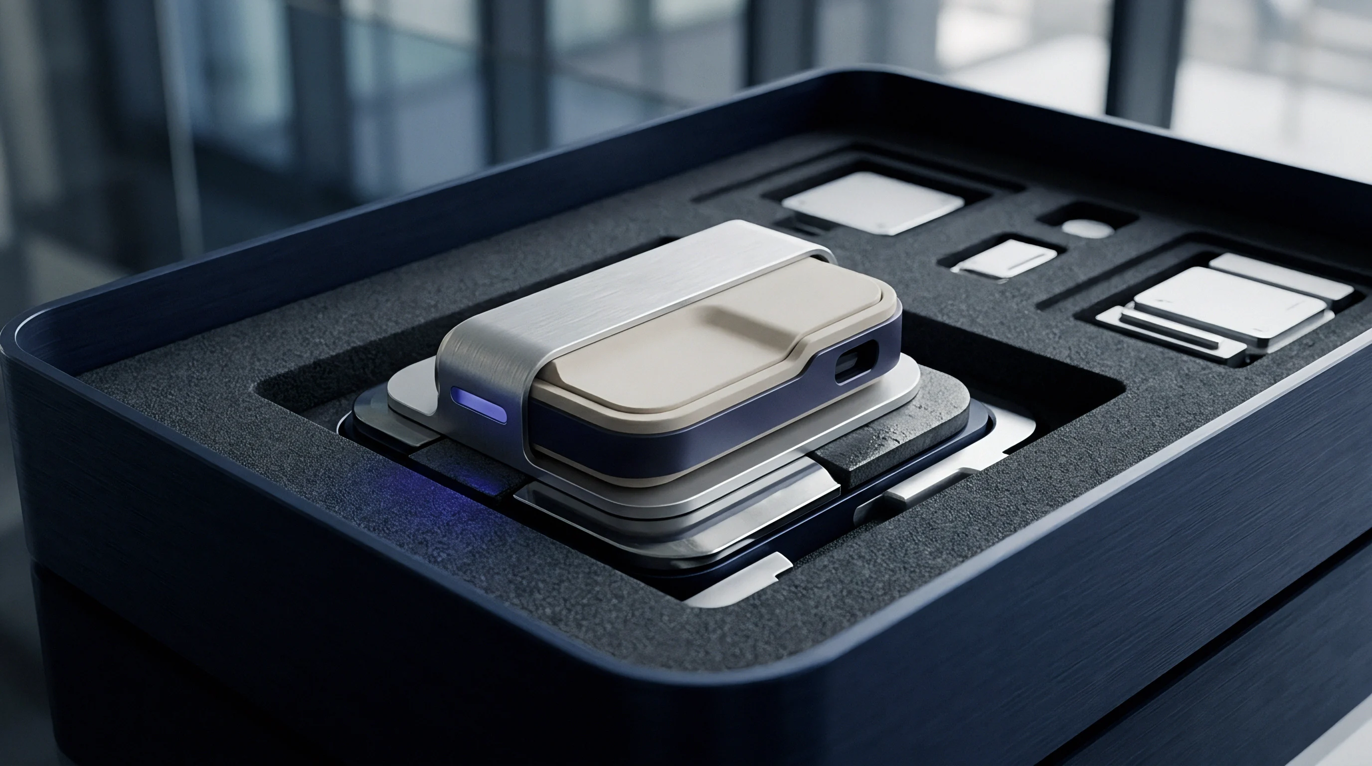 A digital render shows a precision sensor assembly securely housed inside custom foam packaging with various integrated electronic calibration components.