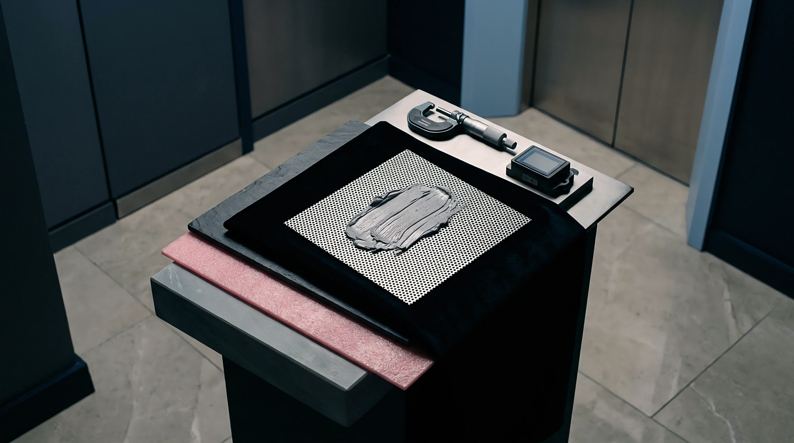 A grey thermal interface paste rests on a perforated metal substrate beside a digital thickness gauge and a precision micrometer in an industrial setting.