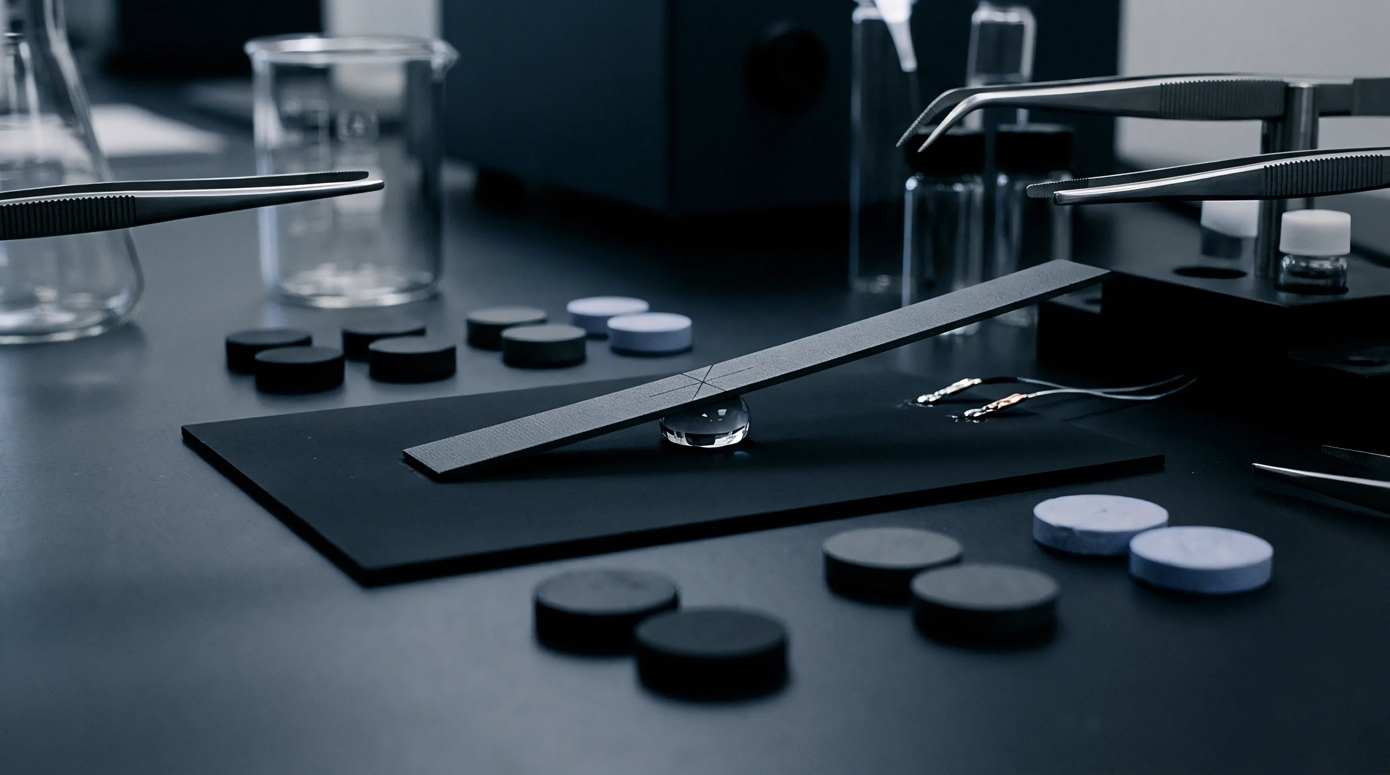 A precision metallic cantilever rests on a glass fulcrum atop a dark laboratory testing table surrounded by calibration discs and analytical instruments.