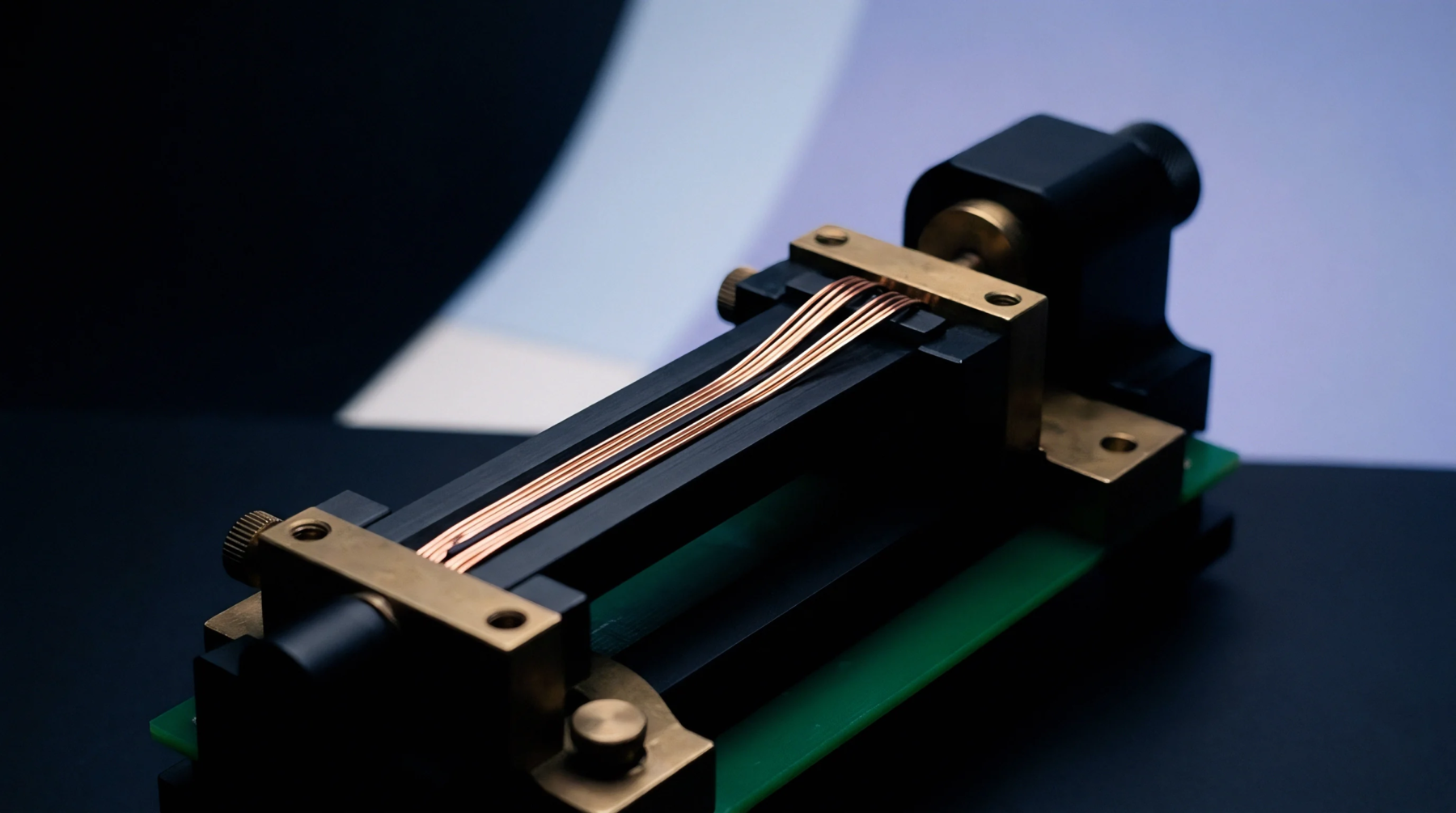 Precision metal clamping blocks secure parallel copper filaments across a black structural measurement stage mounted on a green circuit board.