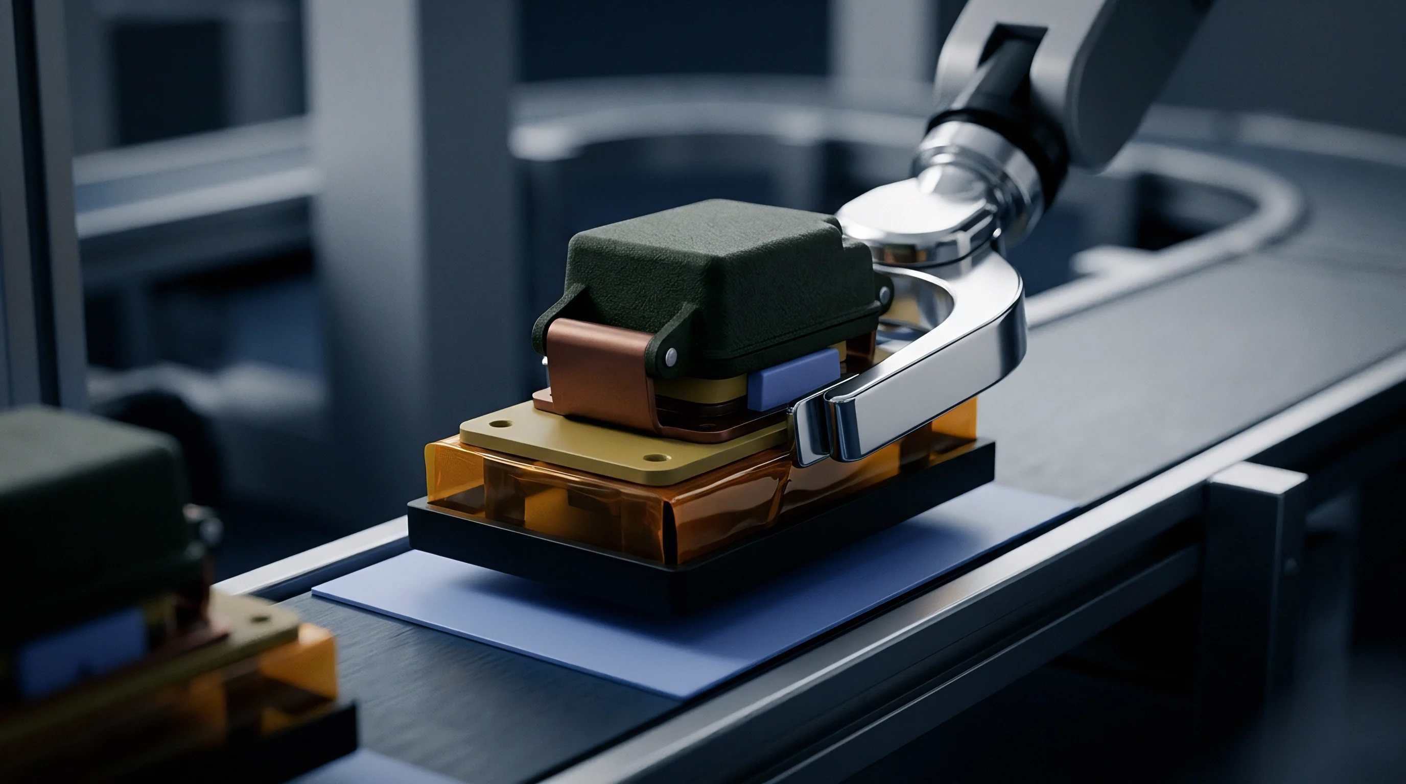 A digital render features a robotic gripper placing a sensor component with an amber film base onto a modular manufacturing conveyor system.