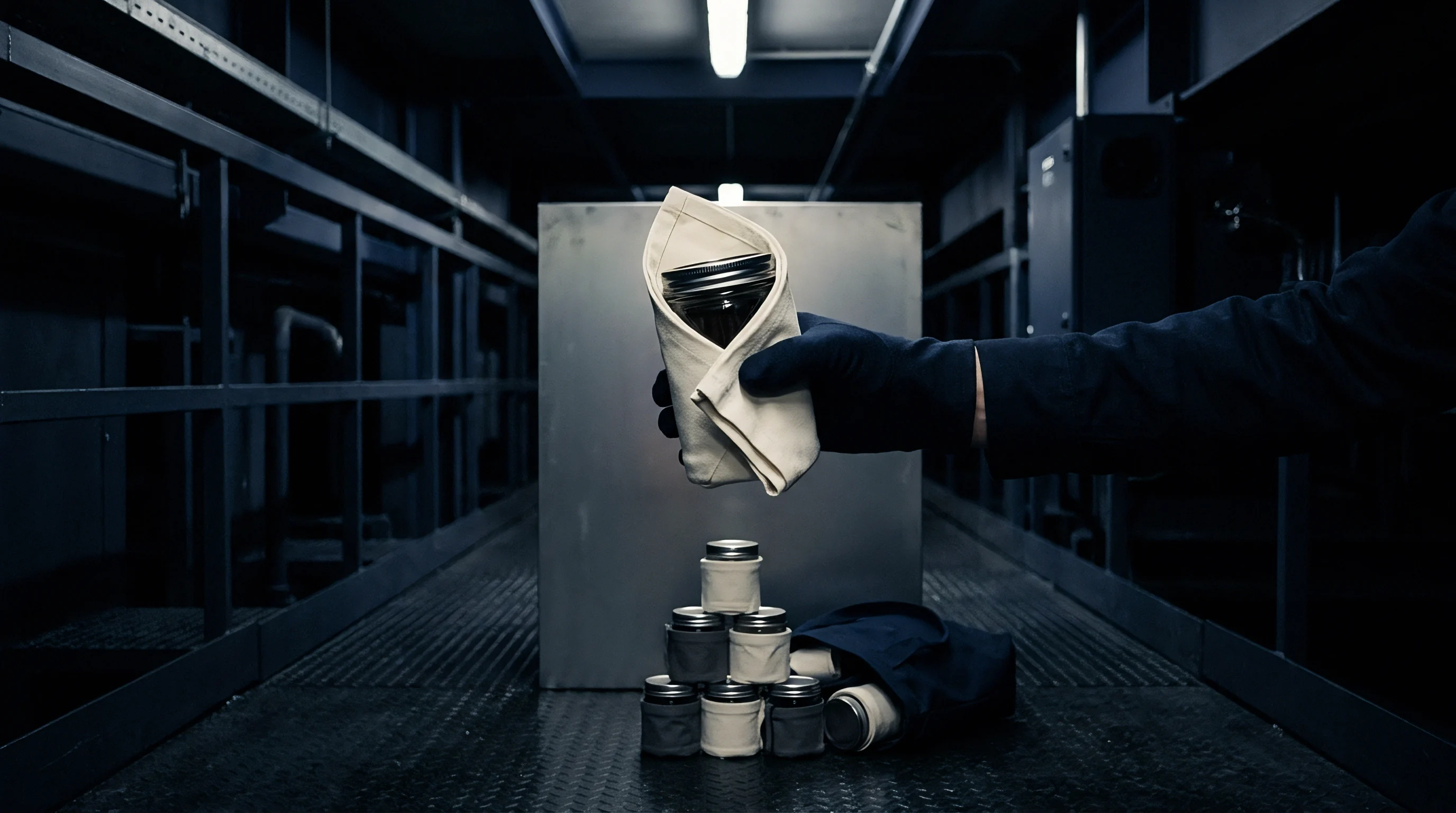 A gloved technician manages protective fabric pouches containing sensitive electronic measurement instruments inside a secure industrial storage facility.
