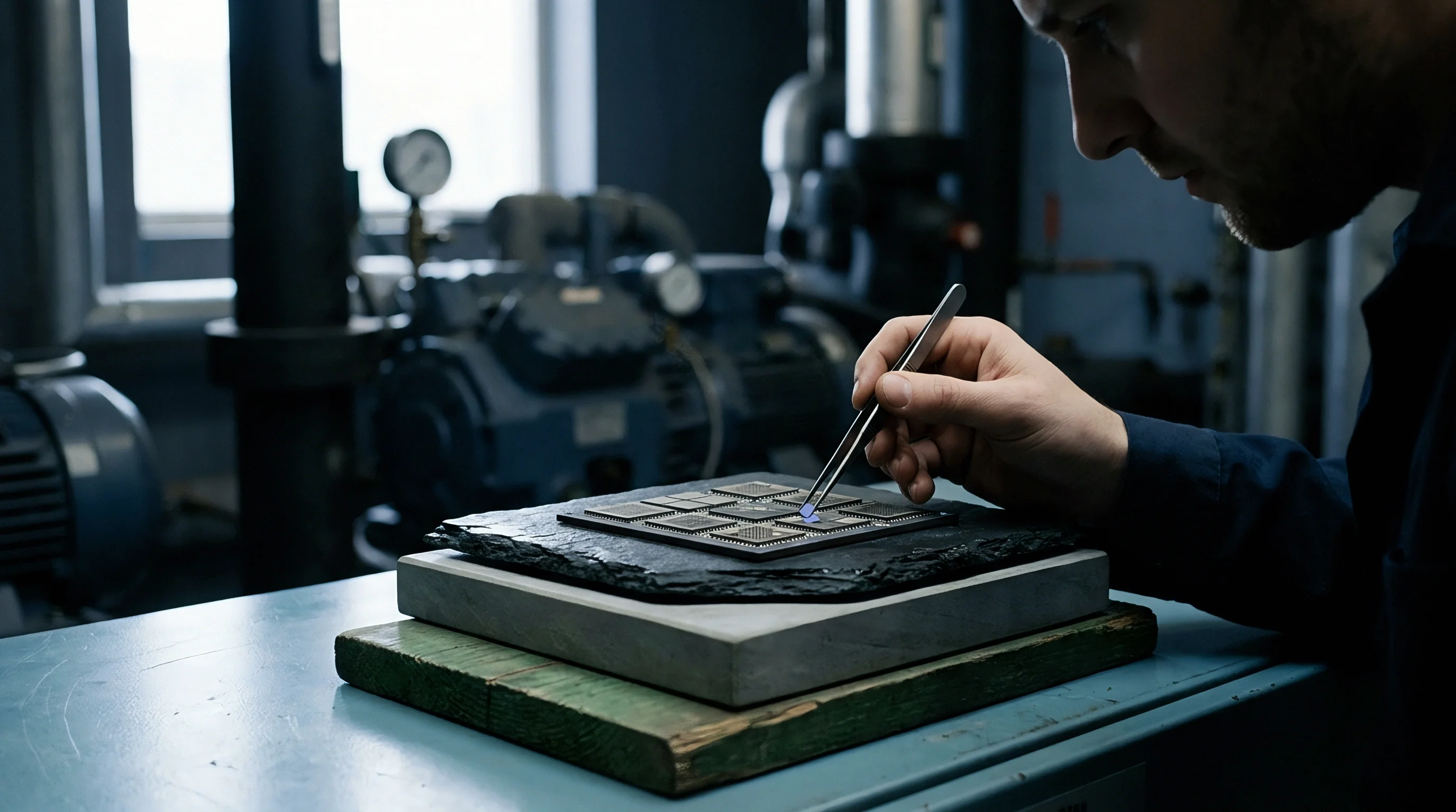 A technician uses fine tweezers to carefully position small integrated circuit packages onto a substrate within an industrial assembly environment.